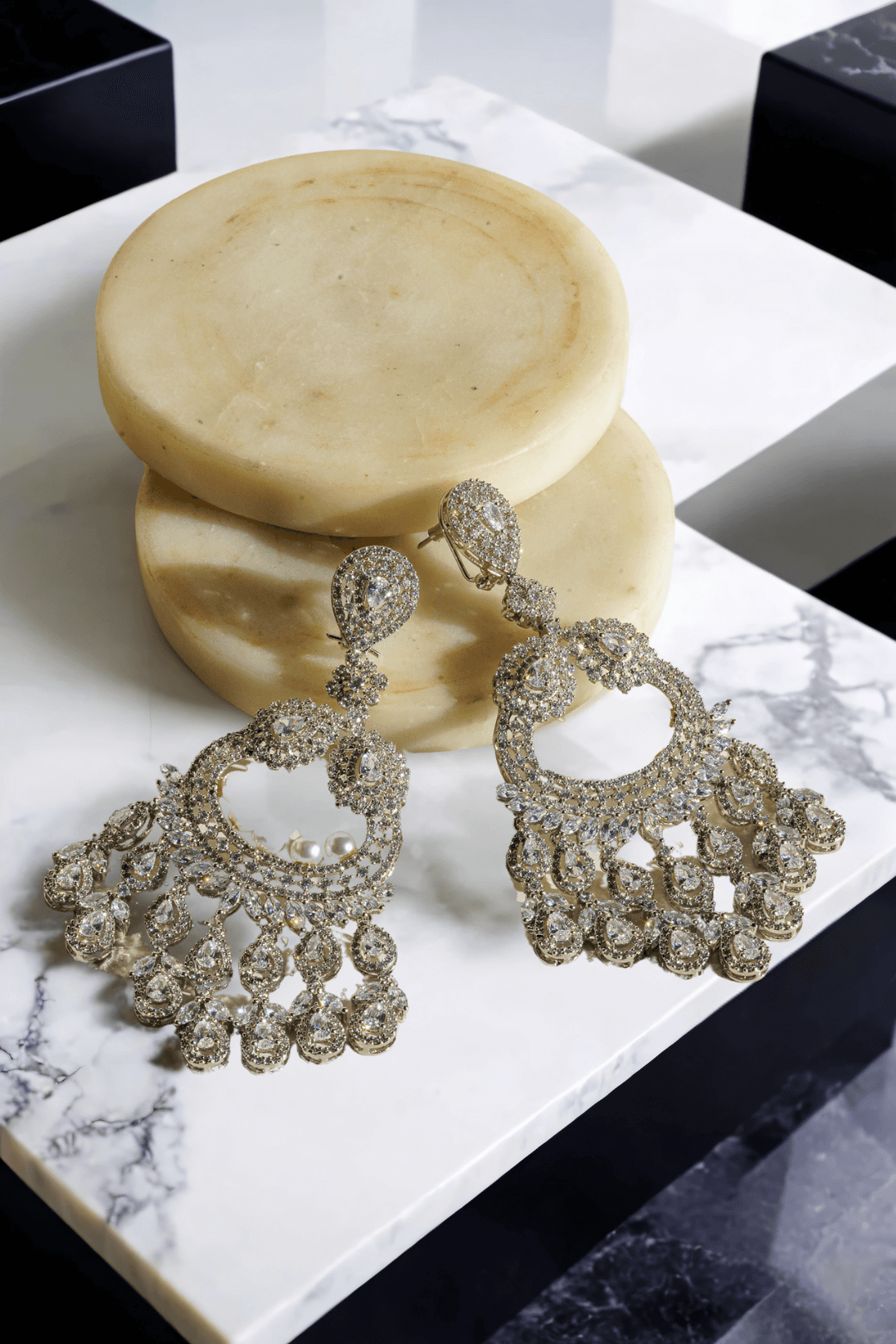 Imaan Grandeur Crescent Earrings - 4.2-inch rhodium-plated earrings featuring pavé crystals, pearls, and teardrop details for an elegant look.