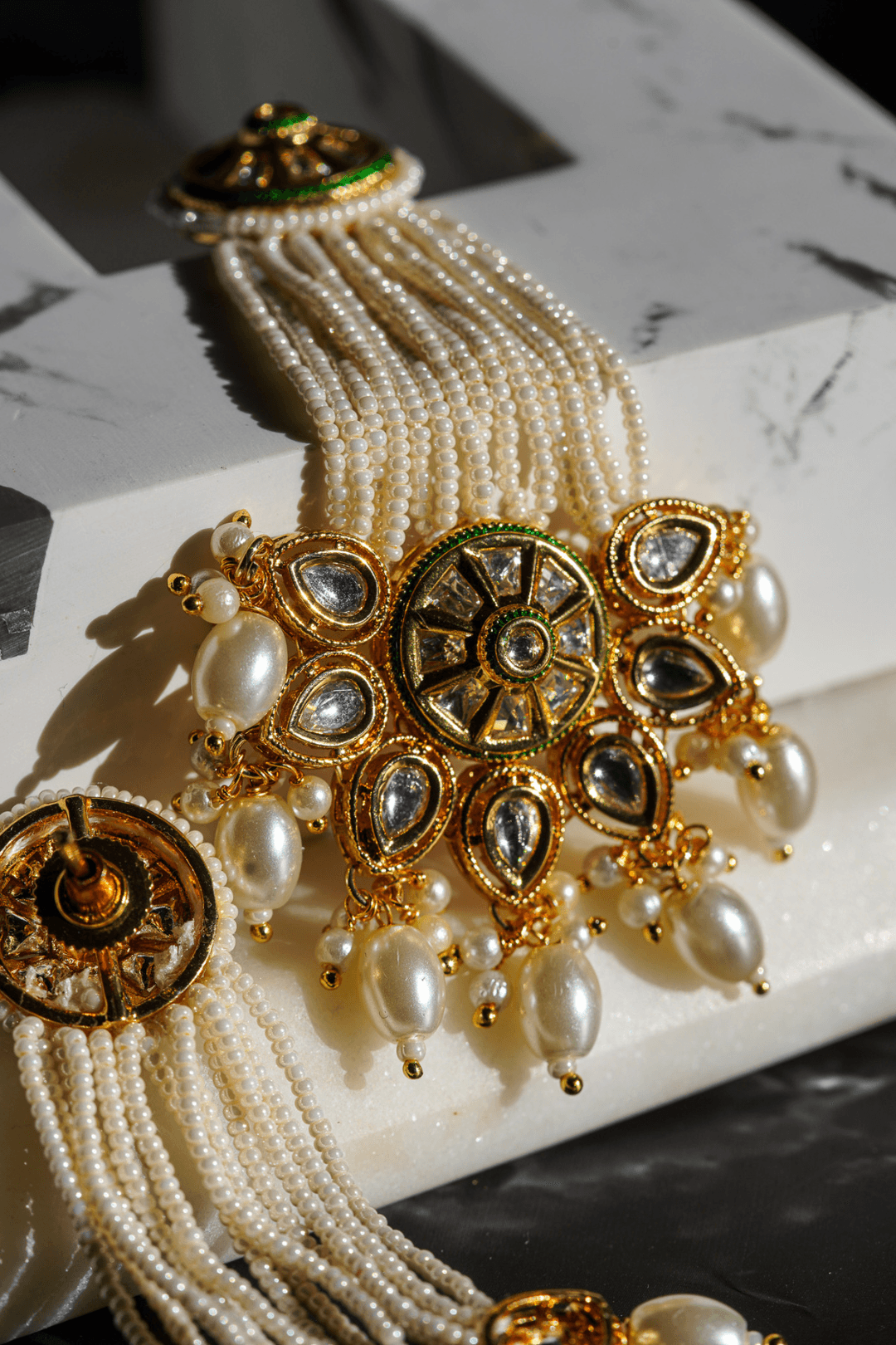 Mona Pearl and Kundan Choker Necklace Set with Drop Earrings - Indian Jewelry - Showcasing a delicate choker and stunning drop earrings with pearls and Kundan stones.