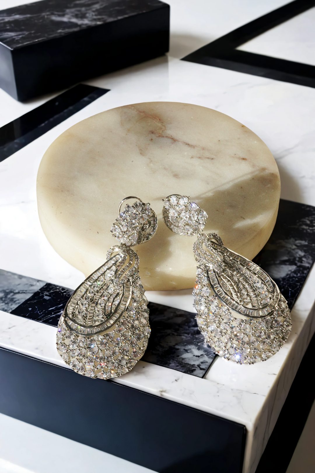 Iqra Rhodium-Plated Indian Statement Earrings with White Diamante, 3-inch long teardrop earrings for weddings.