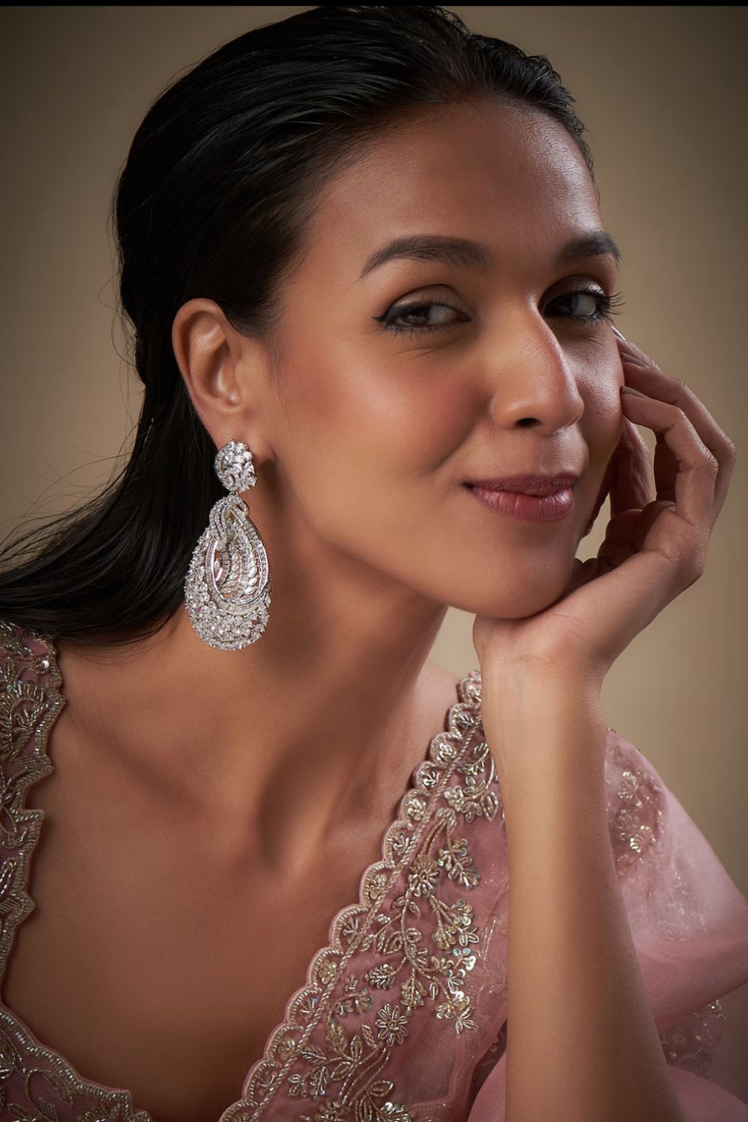 Iqra Rhodium-Plated Indian Statement Earrings with White Diamante, 3-inch long teardrop earrings for weddings.