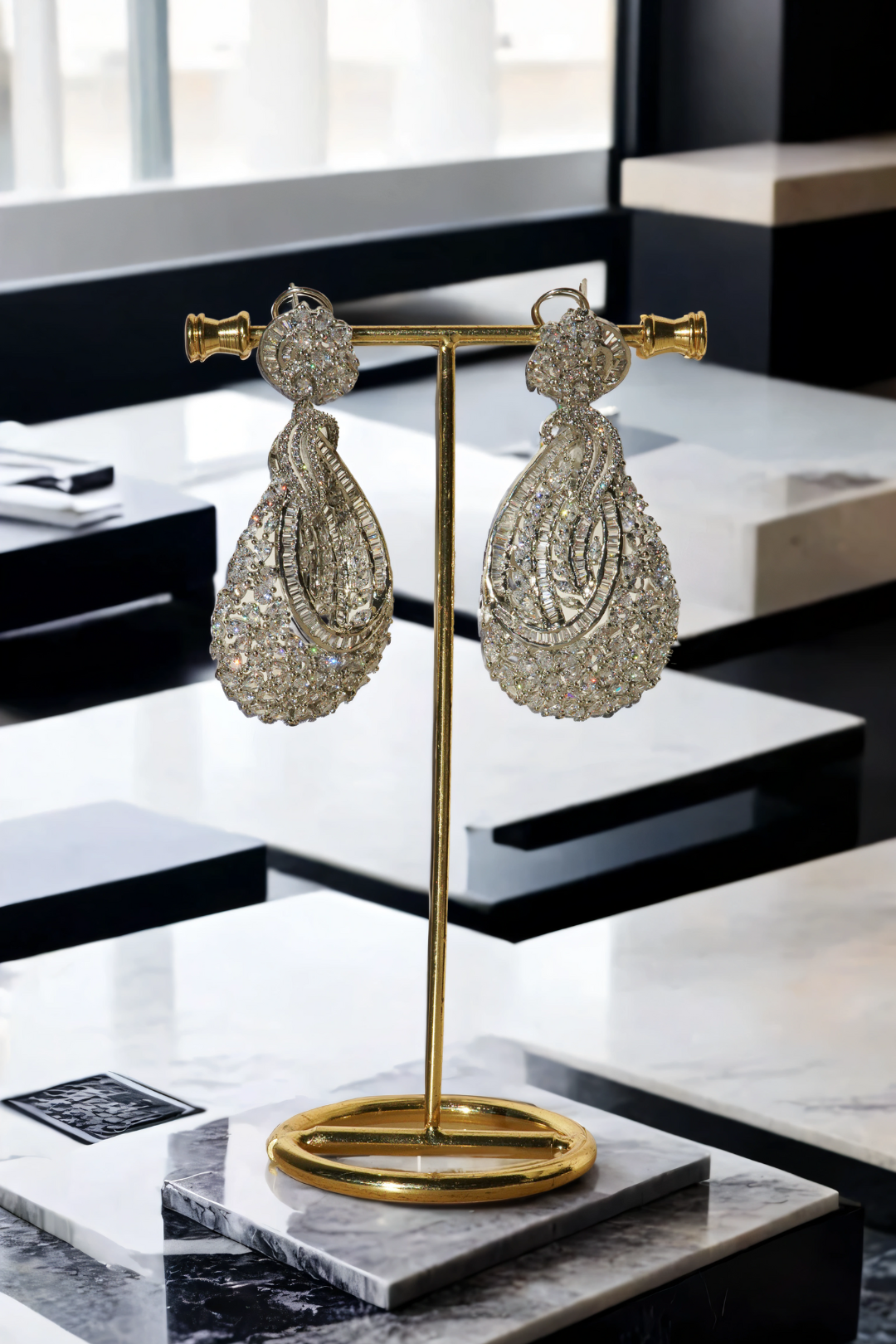 Iqra Rhodium-Plated Indian Statement Earrings with White Diamante, 3-inch long teardrop earrings for weddings.