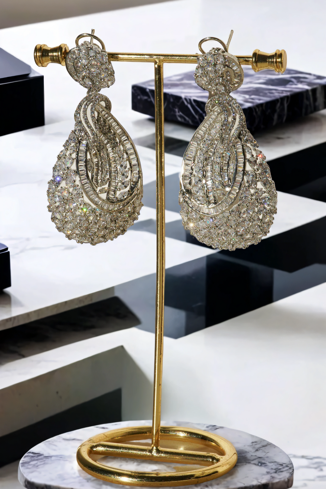 Iqra Rhodium-Plated Indian Statement Earrings with White Diamante, 3-inch long teardrop earrings for weddings.