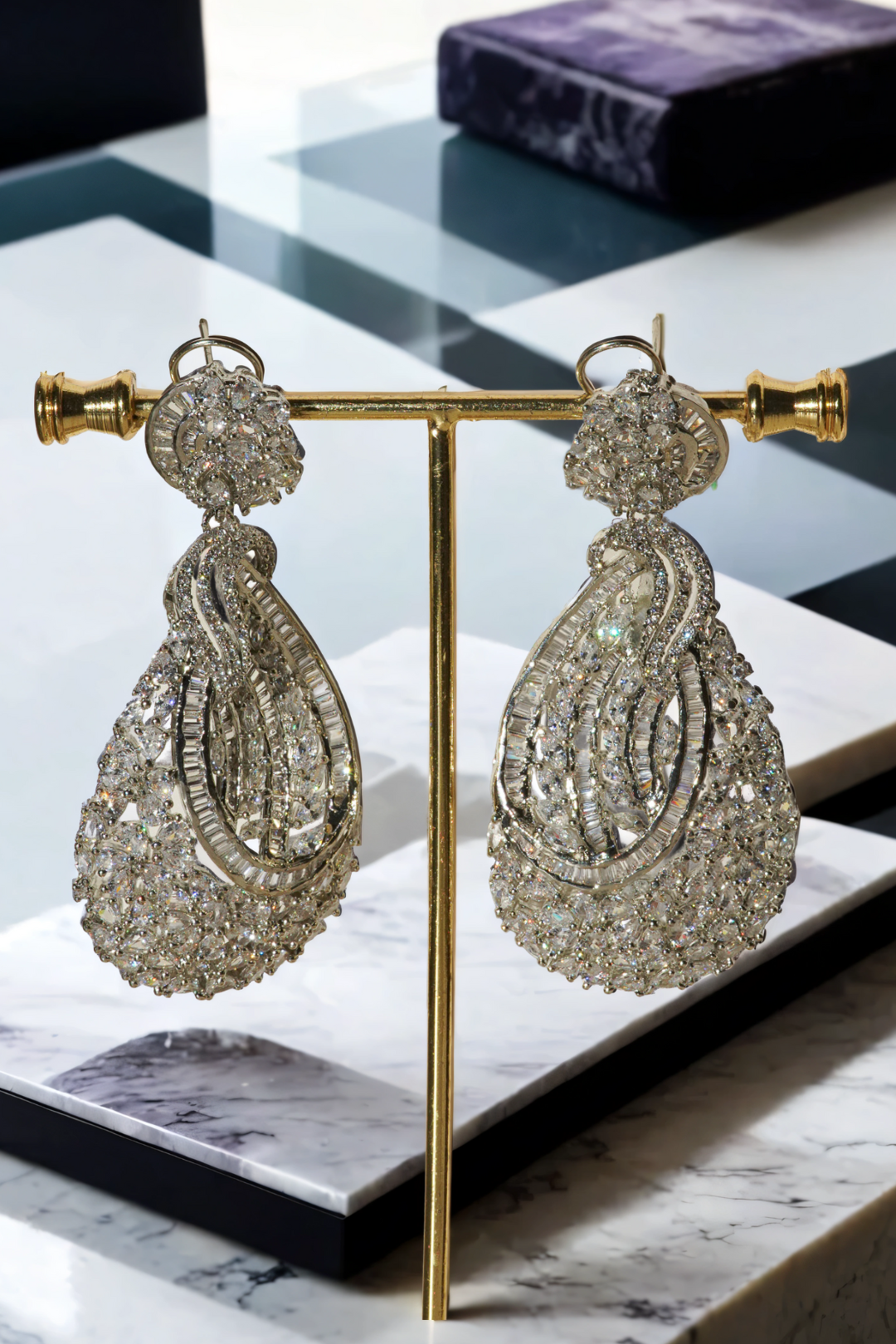 Iqra Rhodium-Plated Indian Statement Earrings with White Diamante, 3-inch long teardrop earrings for weddings.