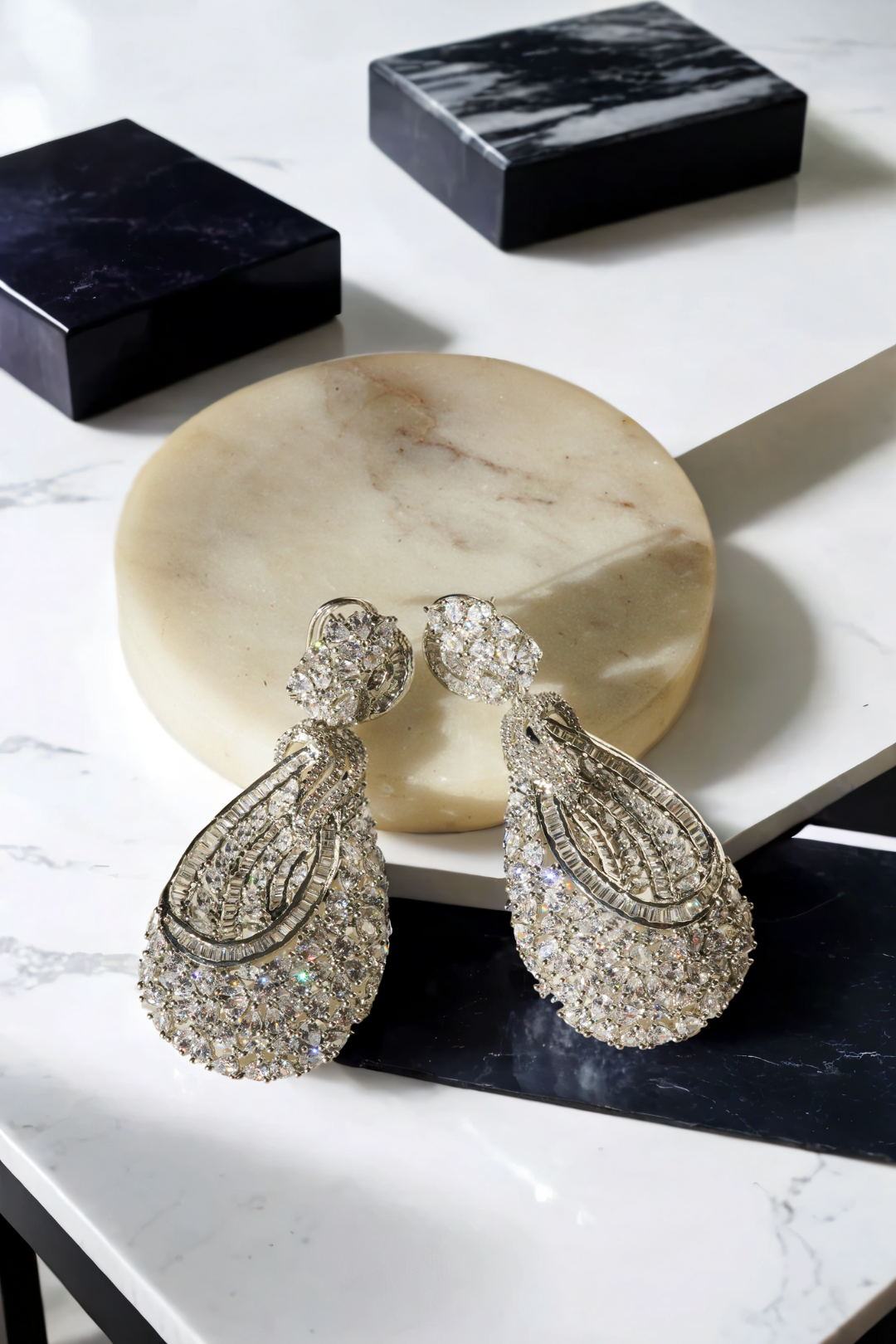 Iqra Rhodium-Plated Indian Statement Earrings with White Diamante, 3-inch long teardrop earrings for weddings.