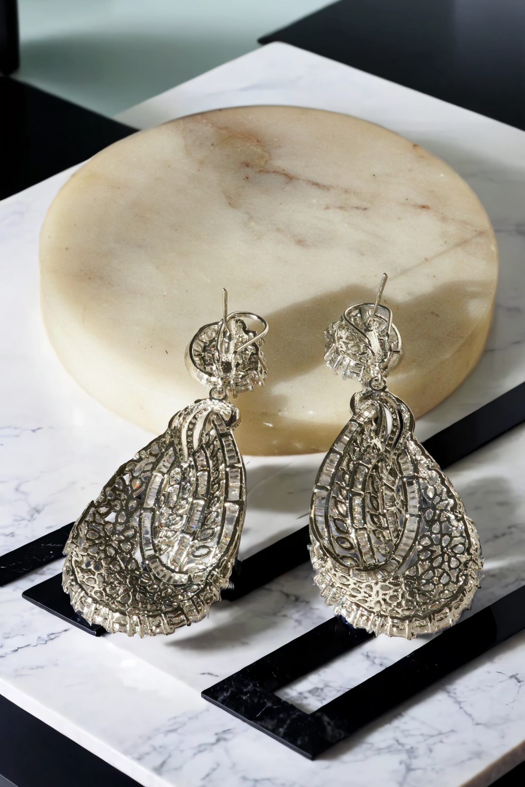 Iqra Rhodium-Plated Indian Statement Earrings with White Diamante, 3-inch long teardrop earrings for weddings.