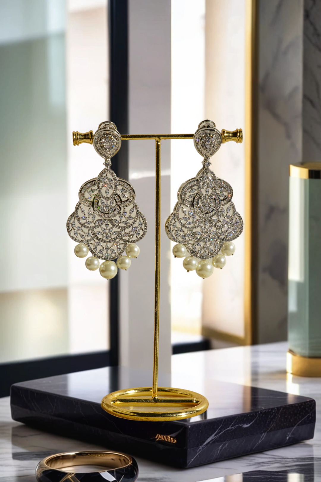 Irene Radiant Pearl Drop Earrings, rhodium-plated with intricate filigree design, pavé white stones, and pearl drops, 3.4 inches long - Indian jewelry for festive and wedding occasions.