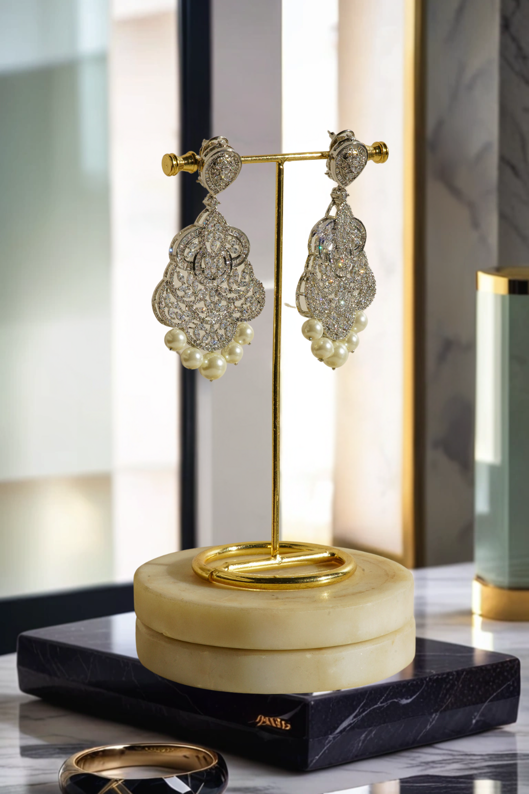 Irene Radiant Pearl Drop Earrings, rhodium-plated with intricate filigree design, pavé white stones, and pearl drops, 3.4 inches long - Indian jewelry for festive and wedding occasions.