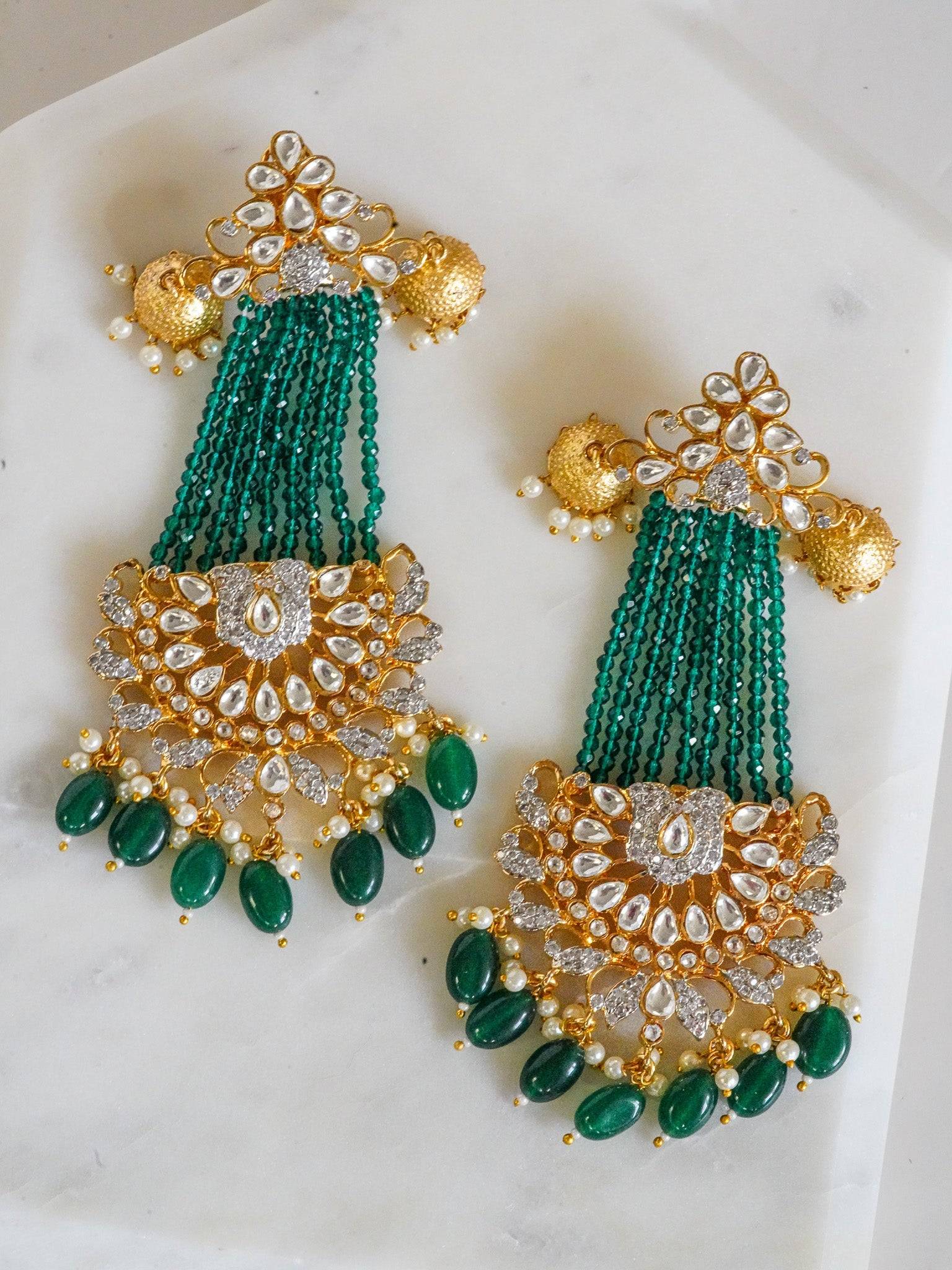 Meenu Chandelier Earrings - Gold plated with green beads, authentic Moissanite Polki, and white Diamante AD stones, featuring mini jhumkas and intricate design.