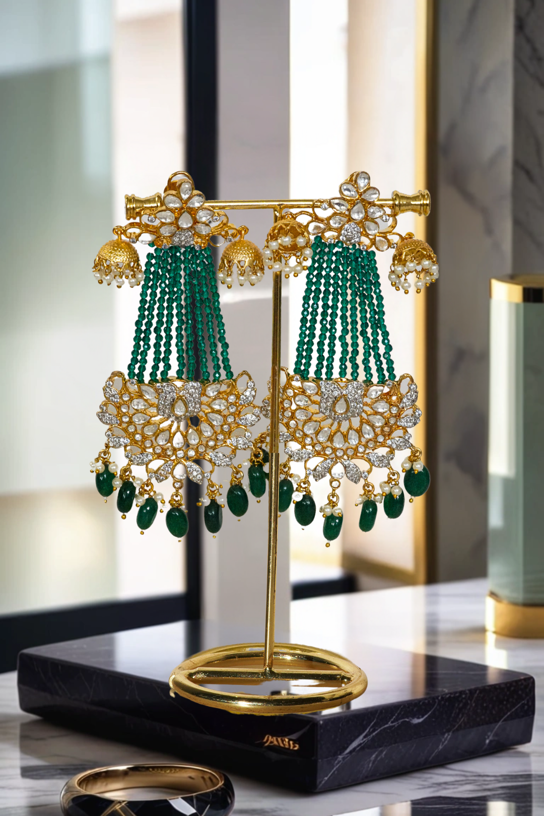 Meenu Chandelier Earrings - Gold plated with green beads, authentic Moissanite Polki, and white Diamante AD stones, featuring mini jhumkas and intricate design.