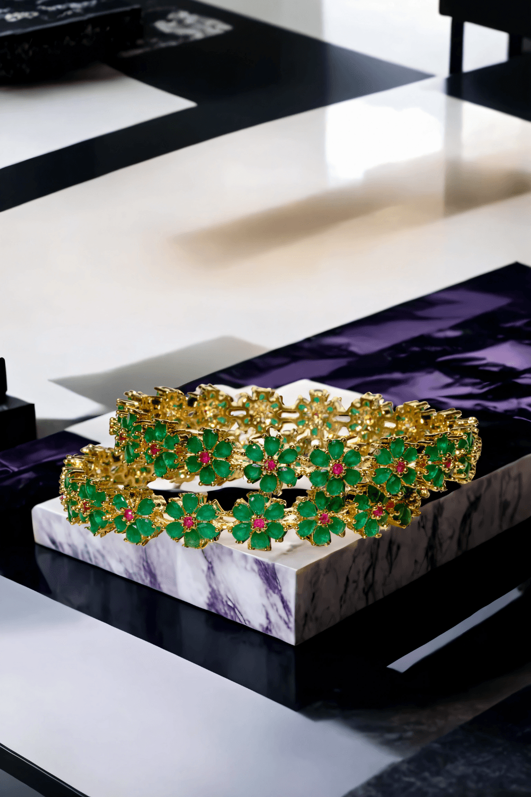 Meera 7-Piece Gold-Plated Floral Bangle Set with Ruby and Green Accents