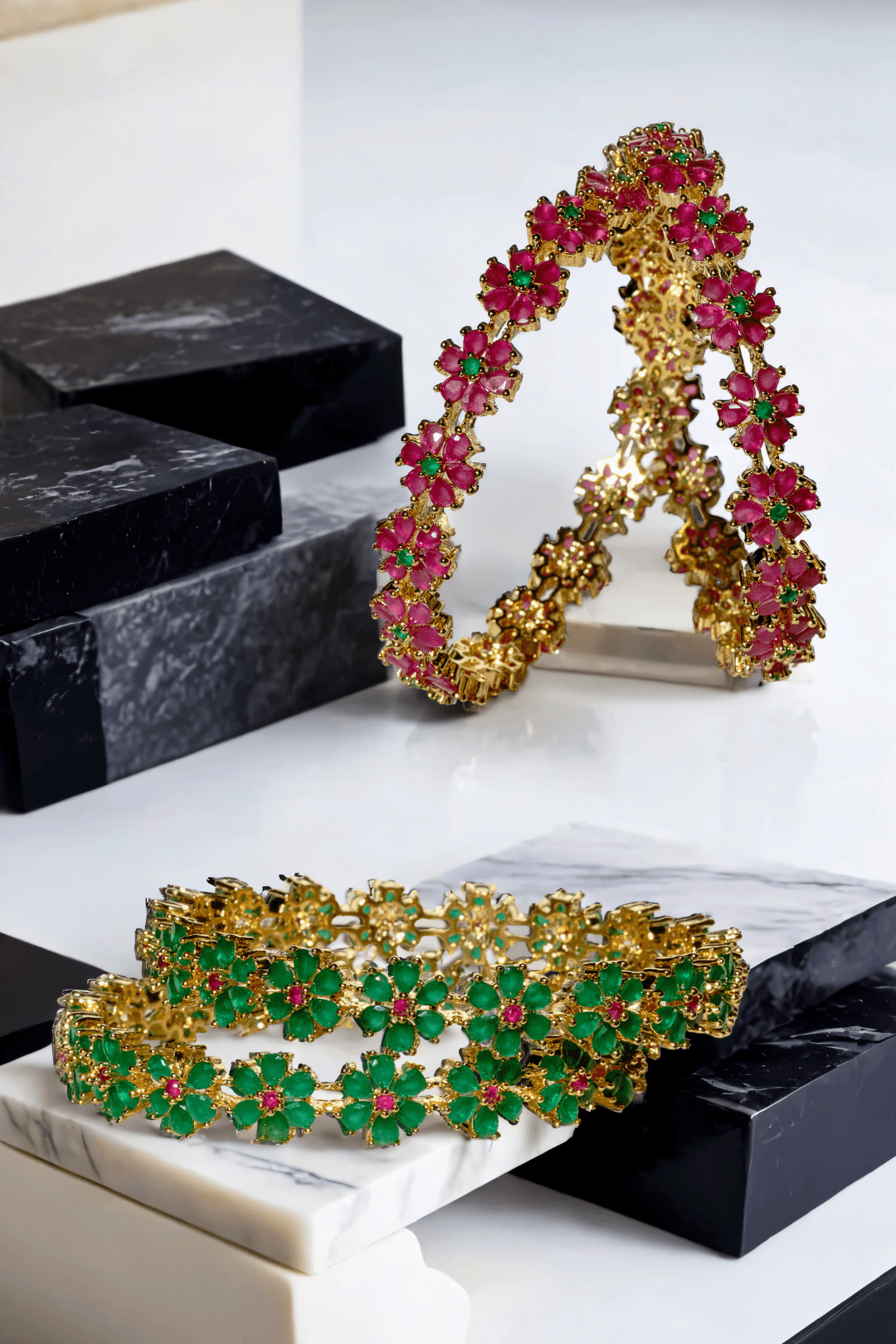 Meera 7-Piece Gold-Plated Floral Bangle Set with Ruby and Green Accents