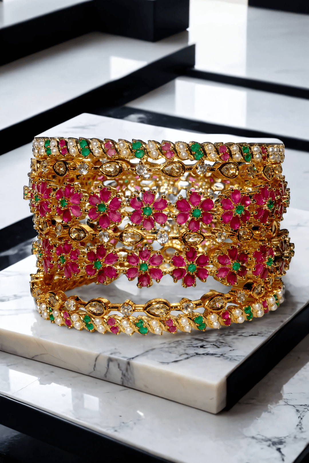 Meera 7-piece gold-plated bangle set with ruby and emerald accents from Inaury, floral design with diamante stones