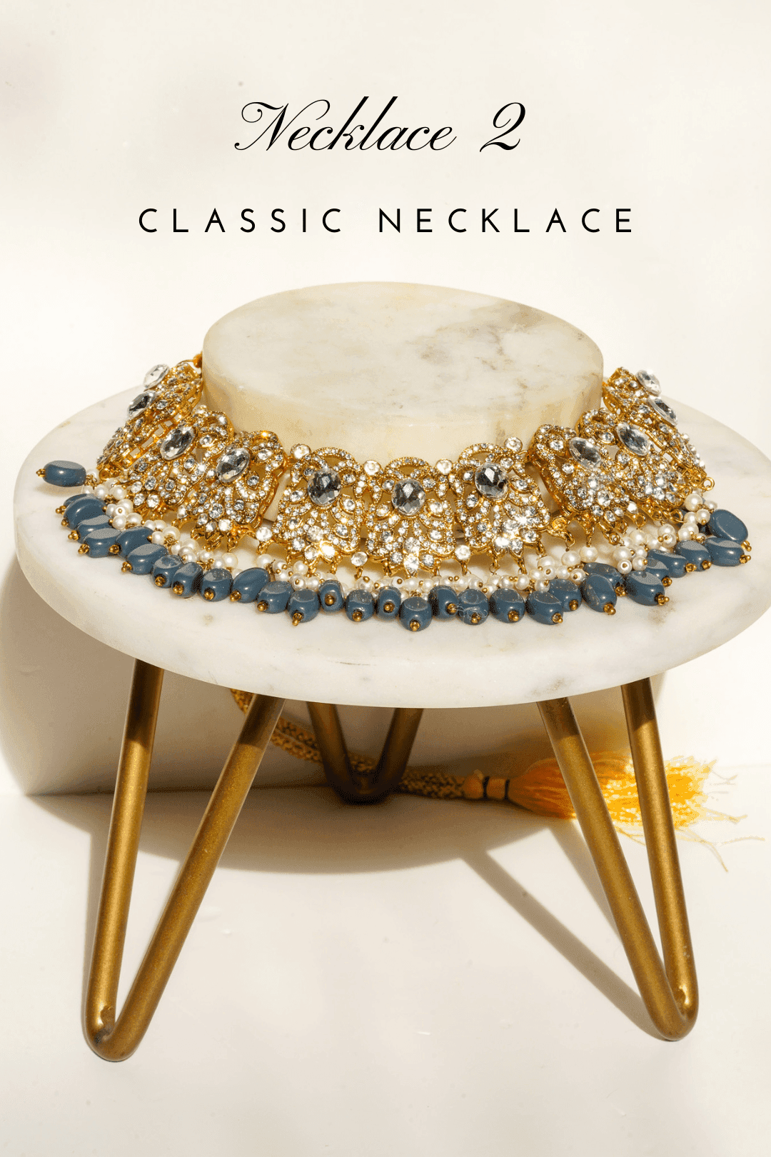 Nazanin Gold Plated Teal Bridal Set - 6-piece collection with gold plating, white zircon stones, teal blue beads, including jhumka earrings, choker, classic necklace, long necklace, jhoomer, and maang tikka.