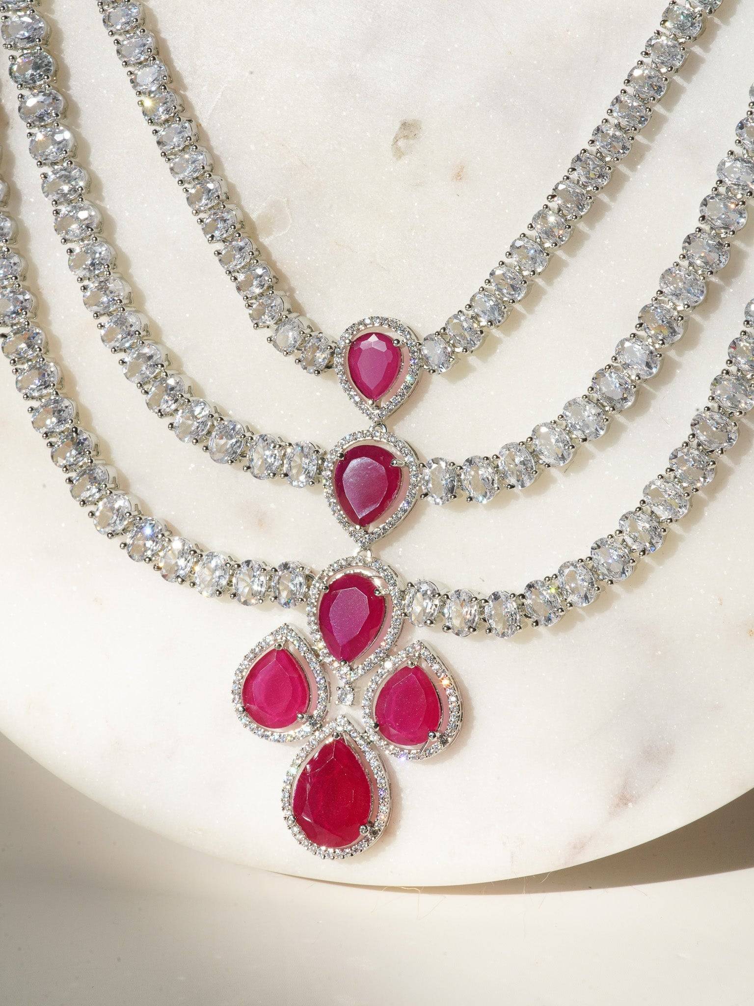 Inaury Niara Triple Layer Necklace Set Diamante Accent Ad Jewelry Sapphire Blue Rhodium Silver Tone