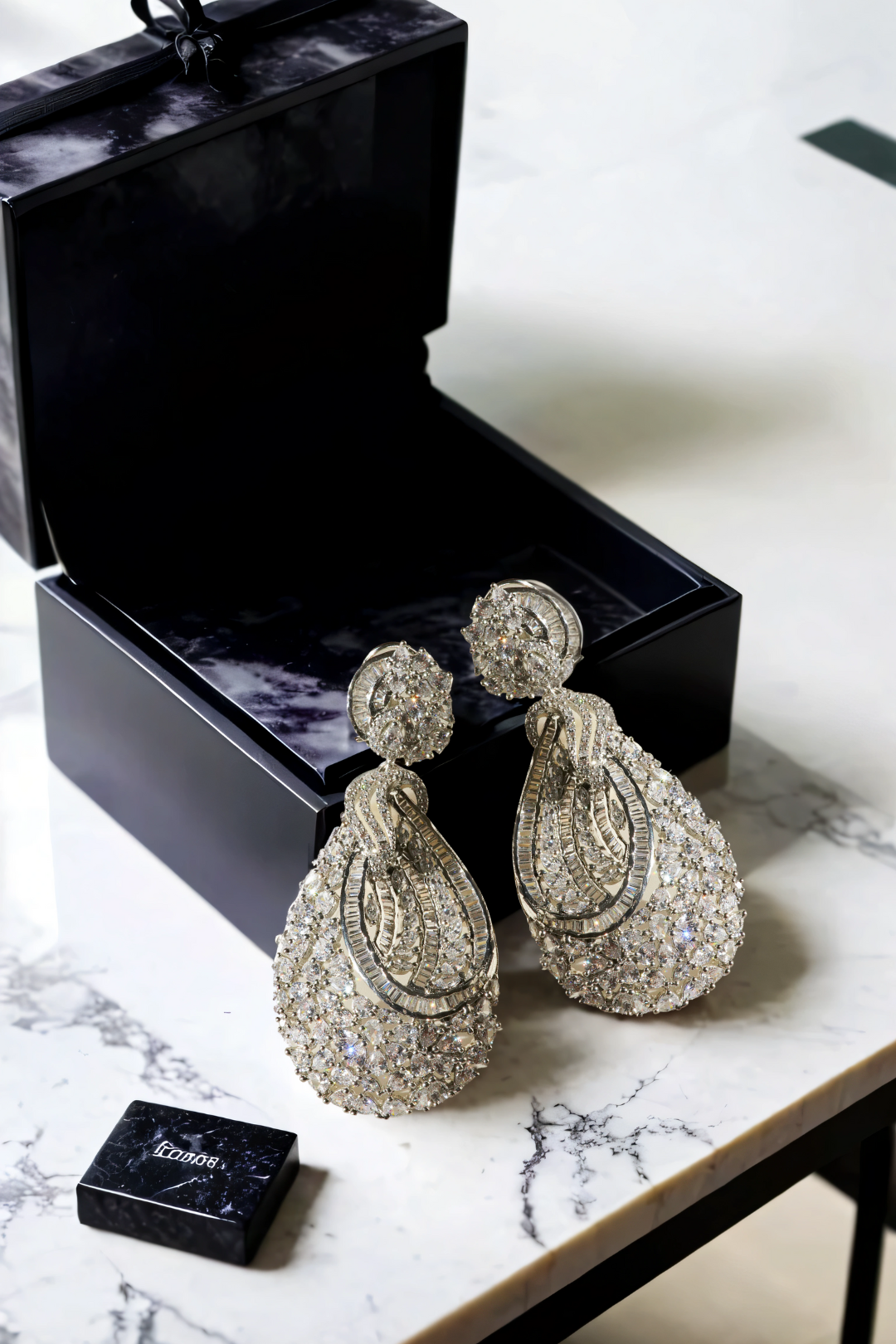 Iqra Rhodium-Plated Indian Statement Earrings with White Diamante, 3-inch long teardrop earrings for weddings.