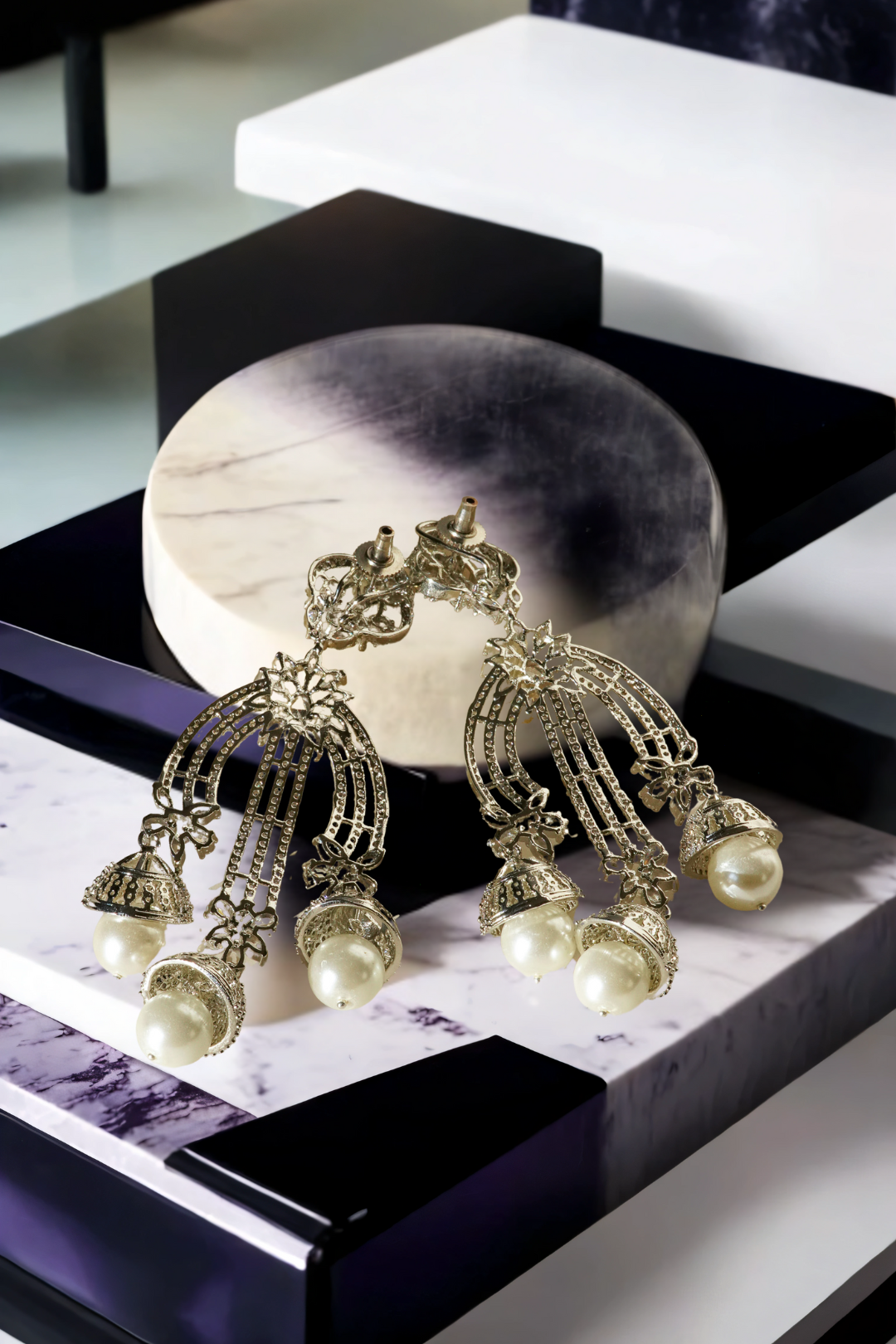 Raina - Pearl Jhumka Earrings with pavé-set white stones and faux pearls – Indian jewelry for bridal and festive wear.