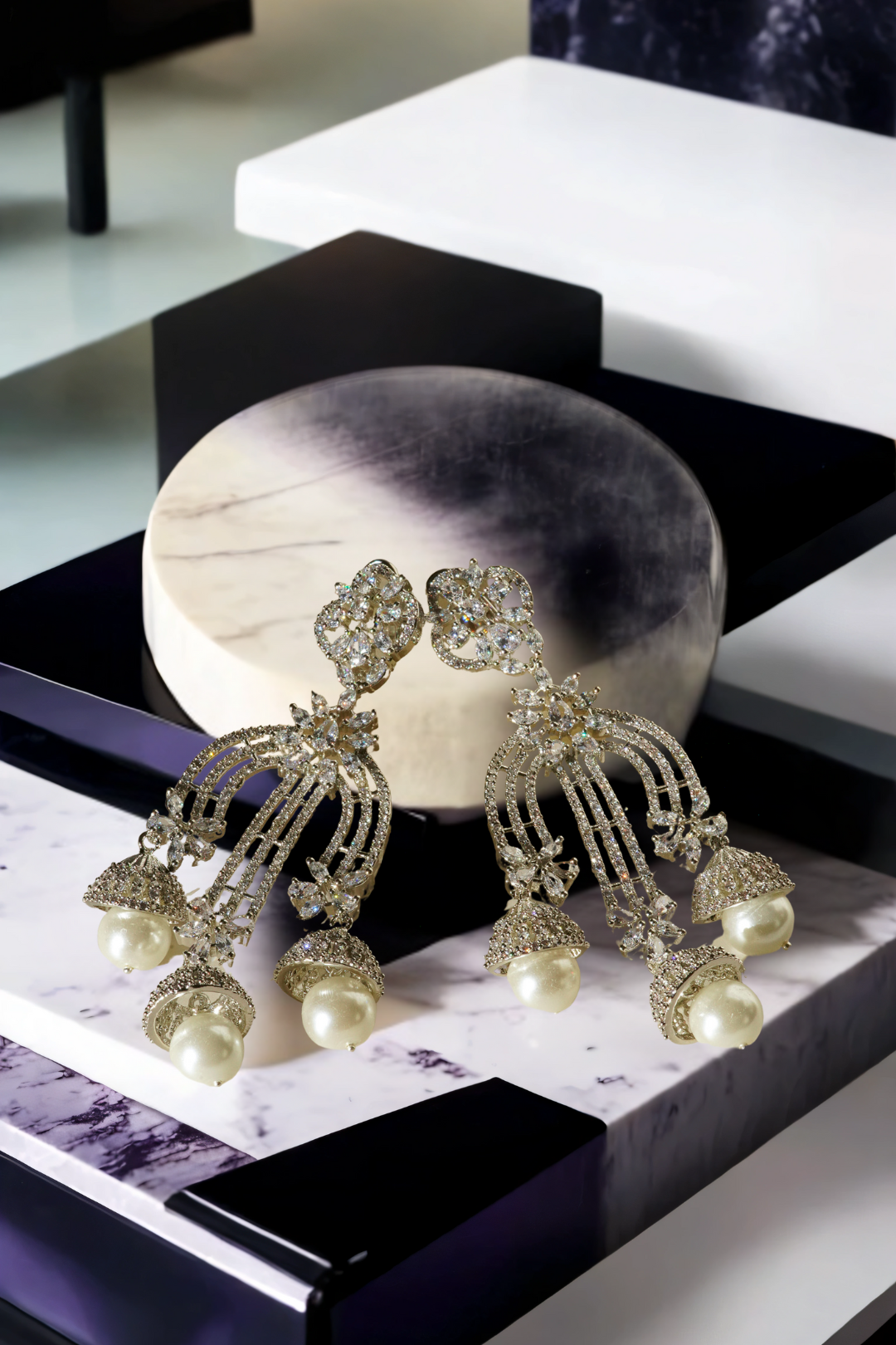 Raina - Pearl Jhumka Earrings with pavé-set white stones and faux pearls – Indian jewelry for bridal and festive wear.