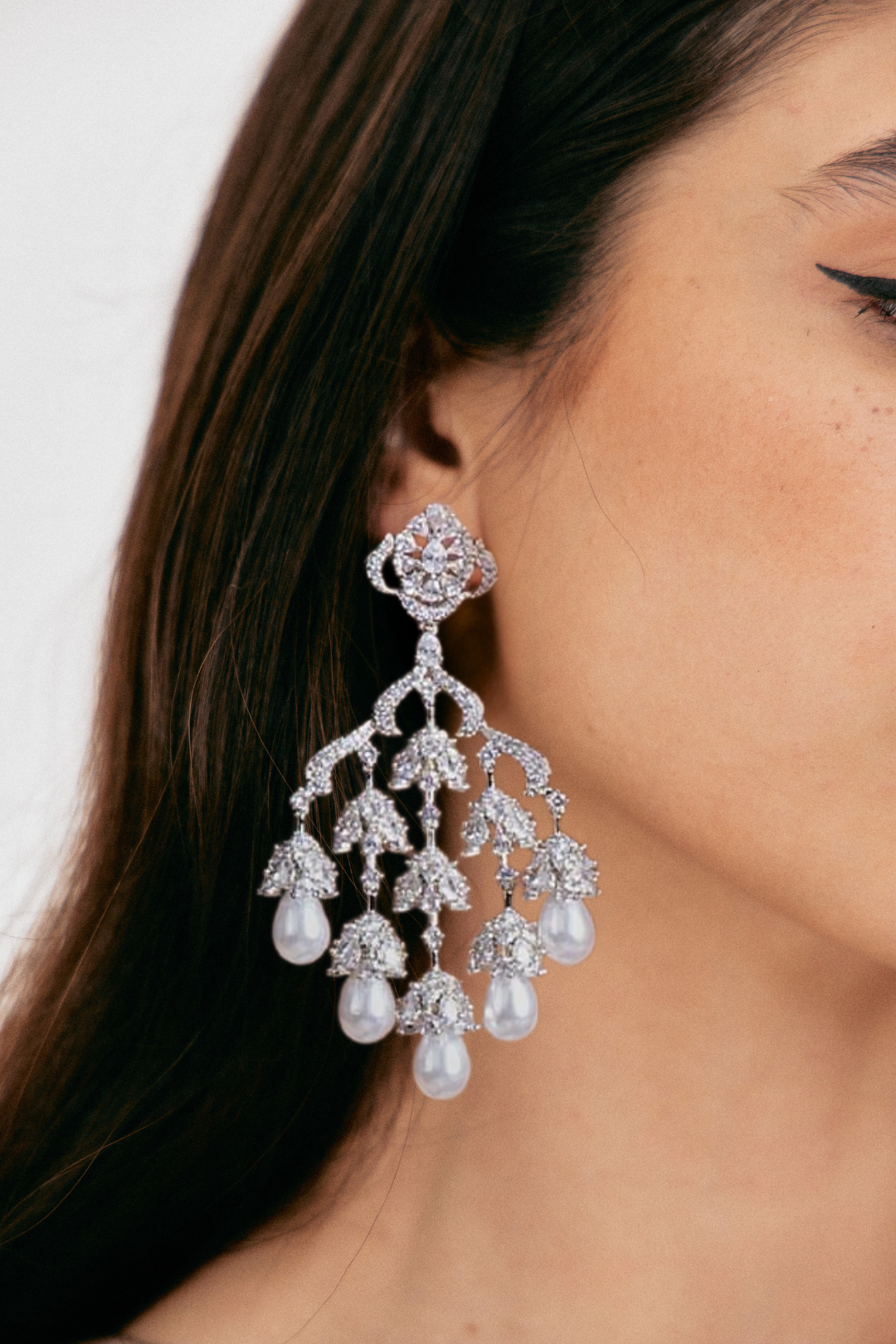 Sahara Chandelier Earrings - Rhodium-Plated with Pearl Accents