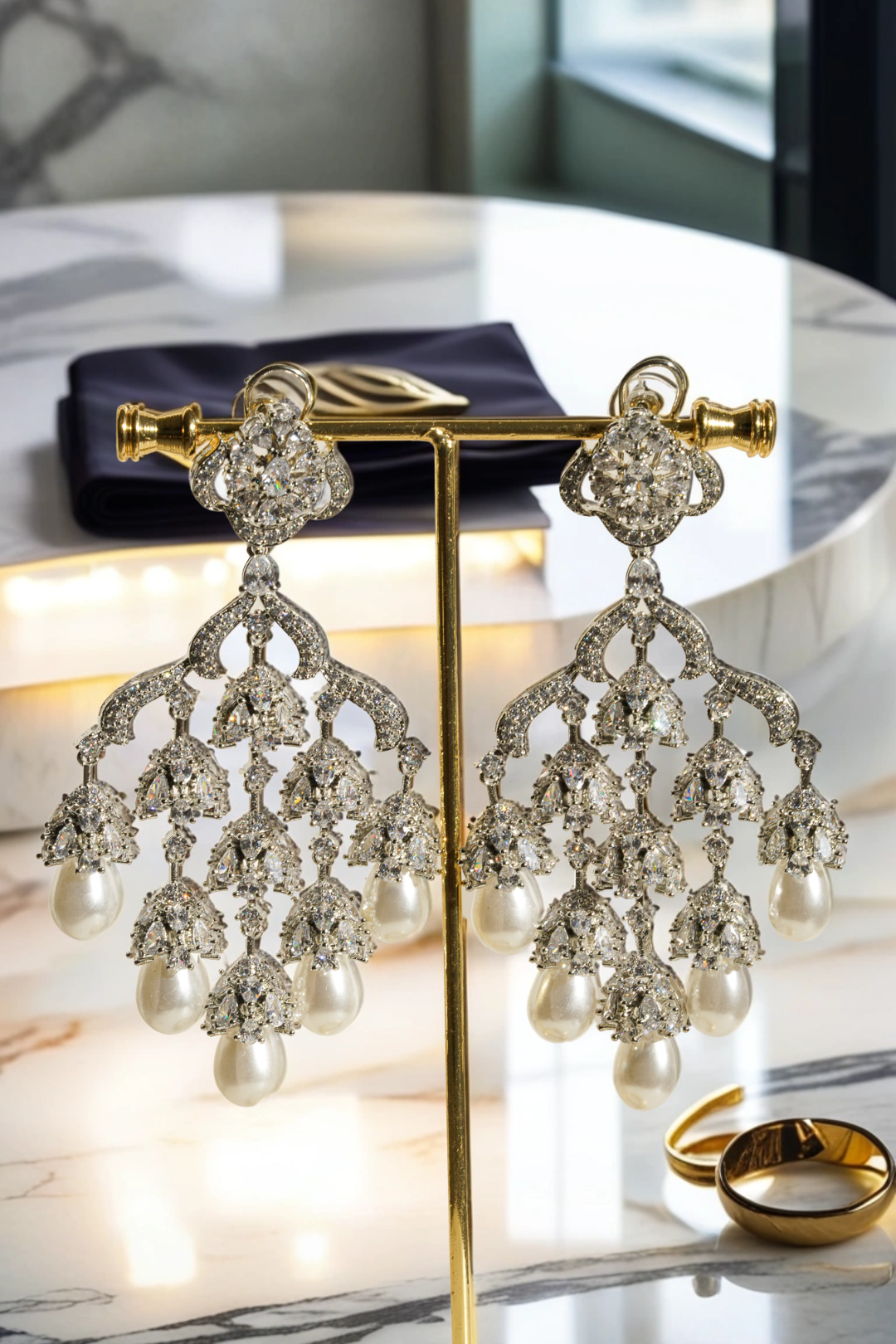 Sahara Chandelier Earrings - Rhodium-Plated with Pearl Accents