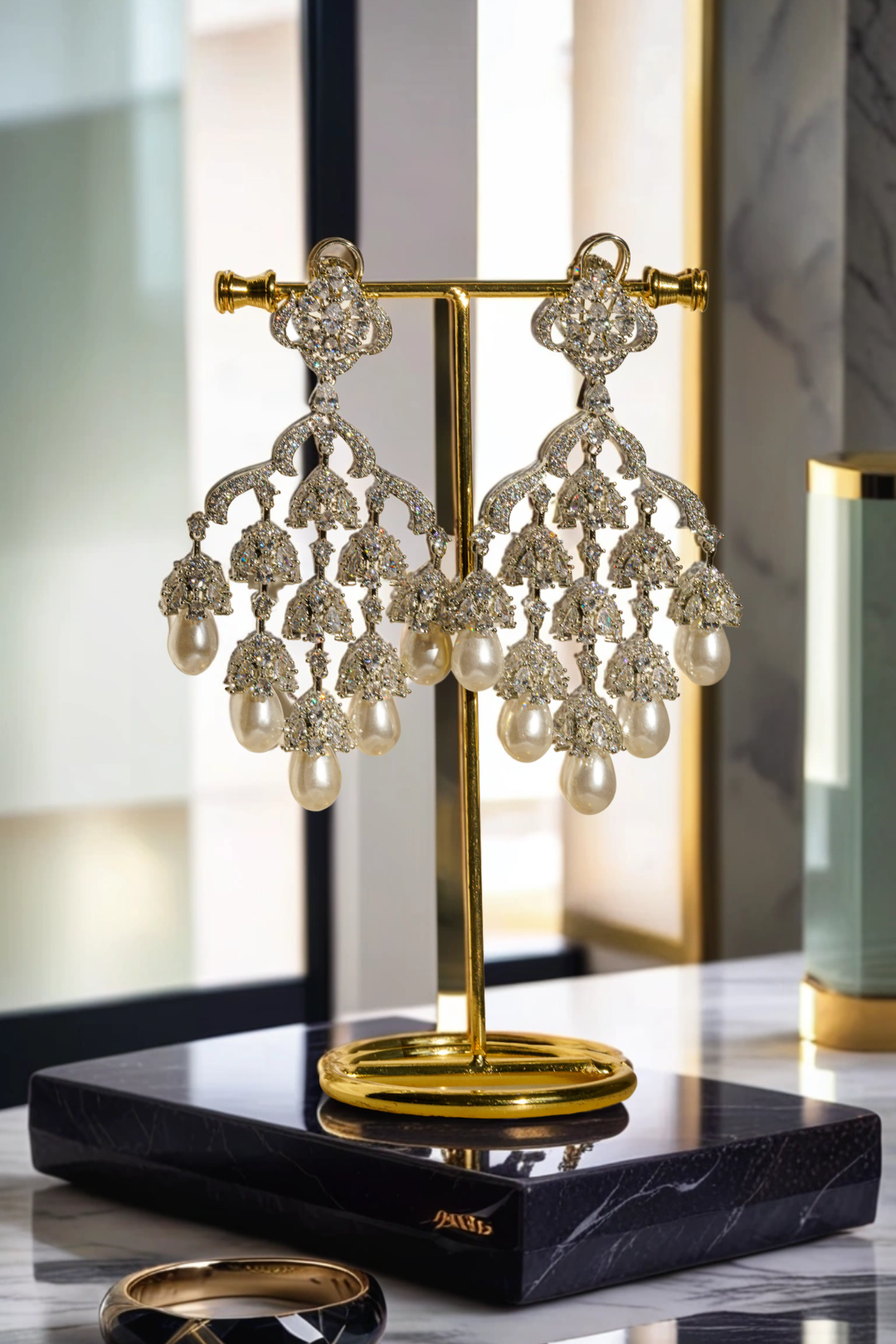 Sahara Chandelier Earrings - Rhodium-Plated with Pearl Accents