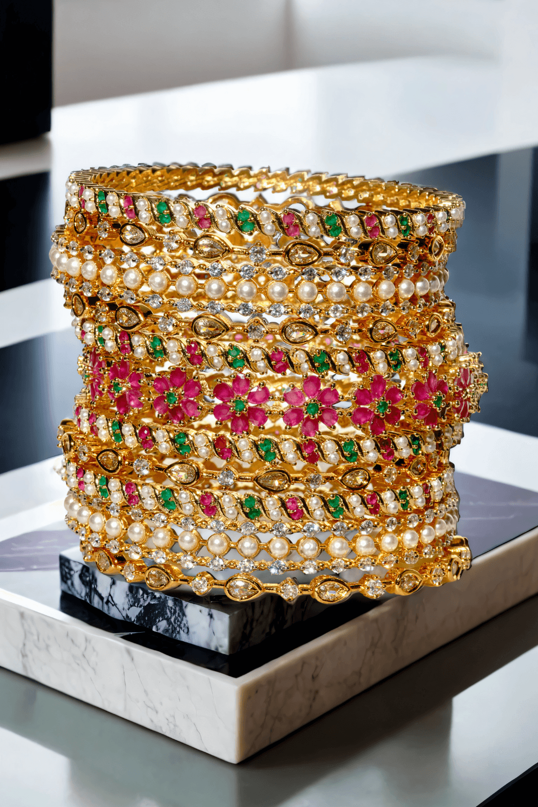 Tavisha 11-piece gold-plated floral and pearl bangle set with green and ruby accents.