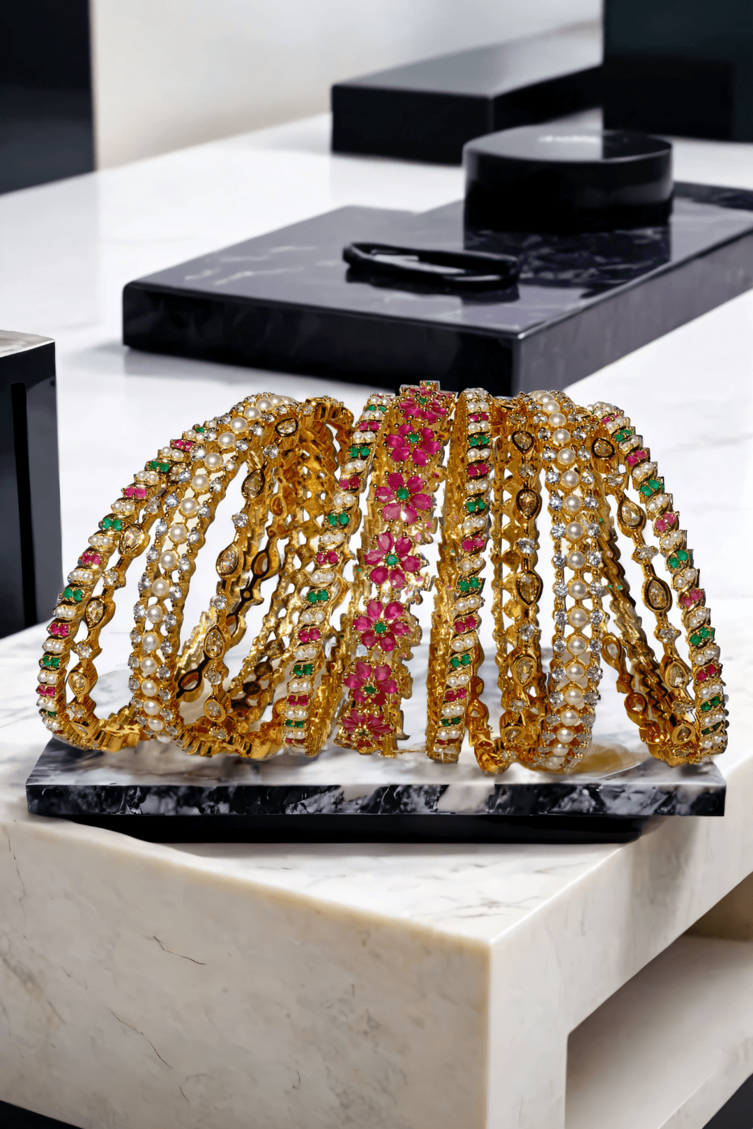 Tavisha 11-piece gold-plated floral and pearl bangle set with green and ruby accents.