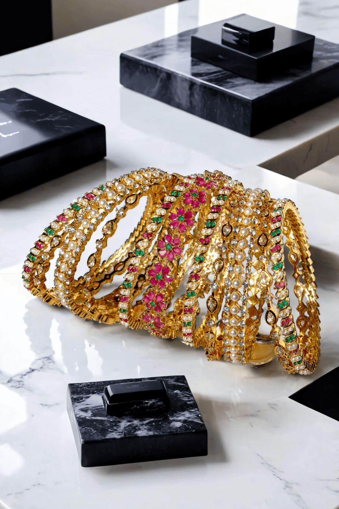 Tavisha 11-piece gold-plated floral and pearl bangle set with green and ruby accents.