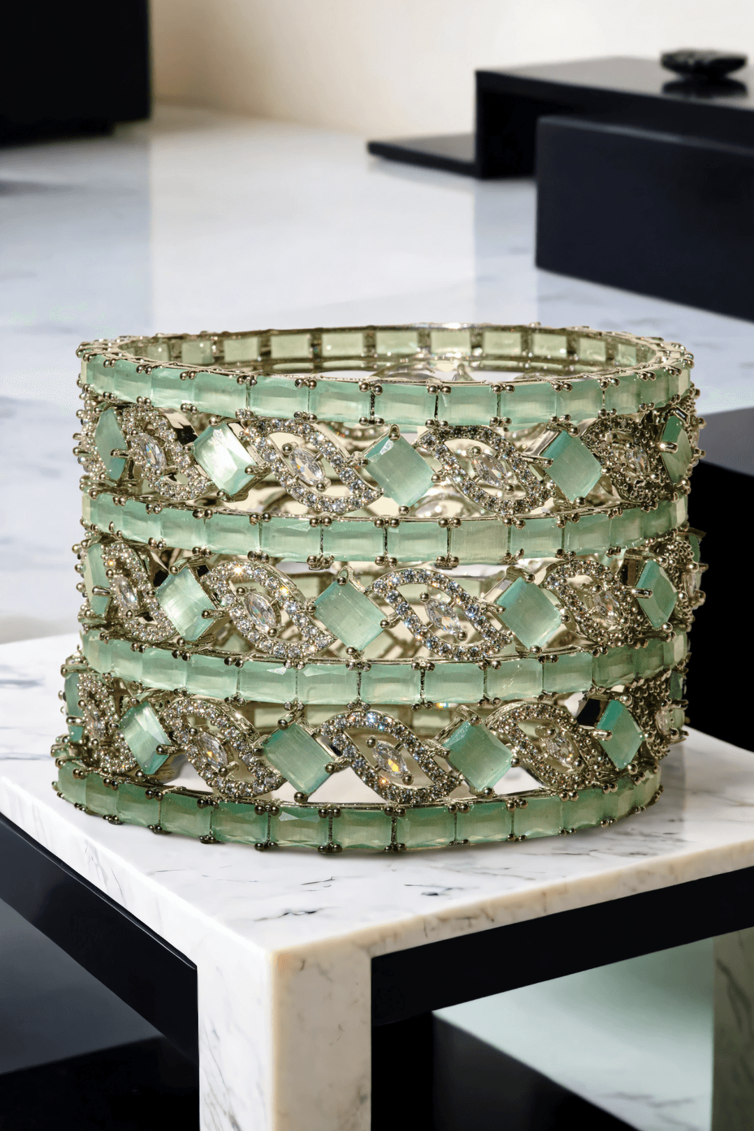 Vania - Rhodium Plated and Mint Green 7-Piece Bangle Set