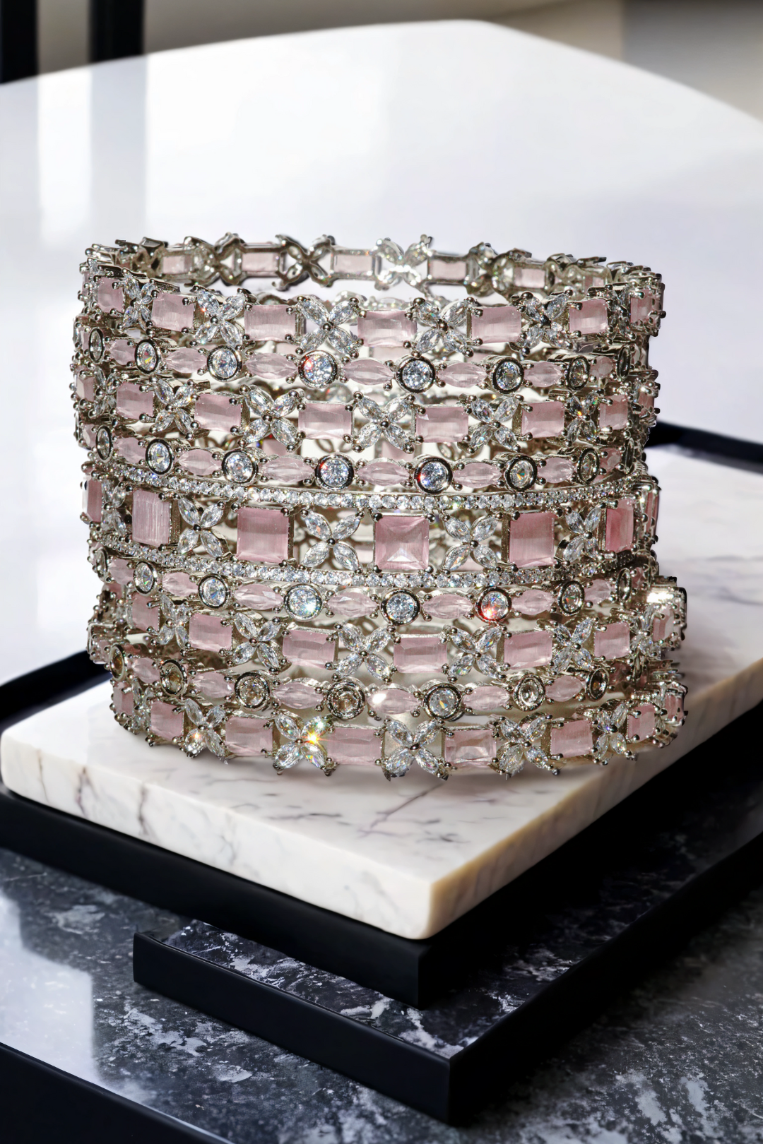 Zahira Rhodium-Plated Bangle Set - 9-piece set with blush pink stones and crystal accents