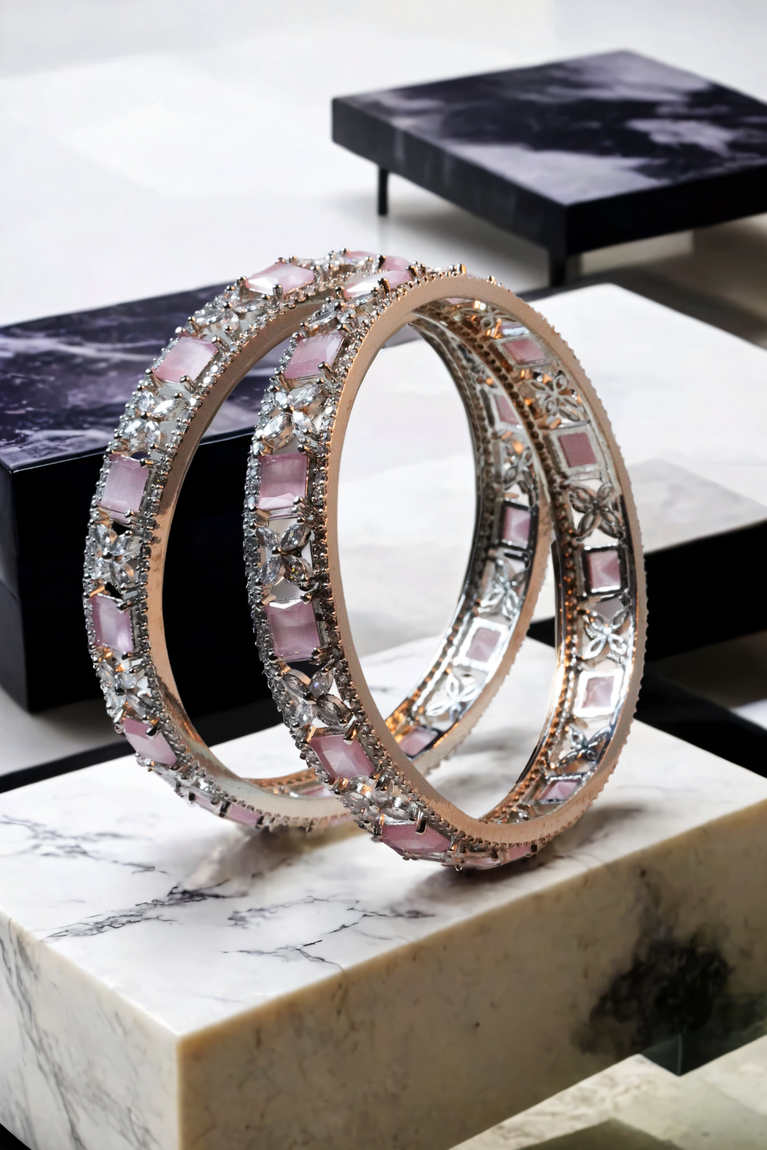 Zahira Rhodium-Plated Bangle Set - 9-piece set with blush pink stones and crystal accents