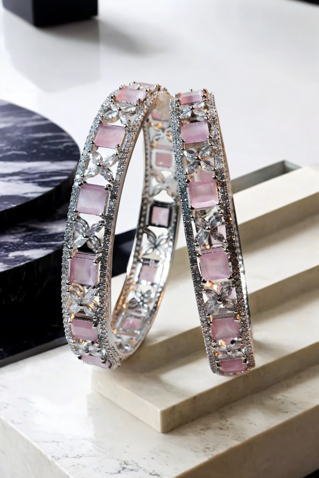 Zahira Rhodium-Plated Bangle Set - 9-piece set with blush pink stones and crystal accents