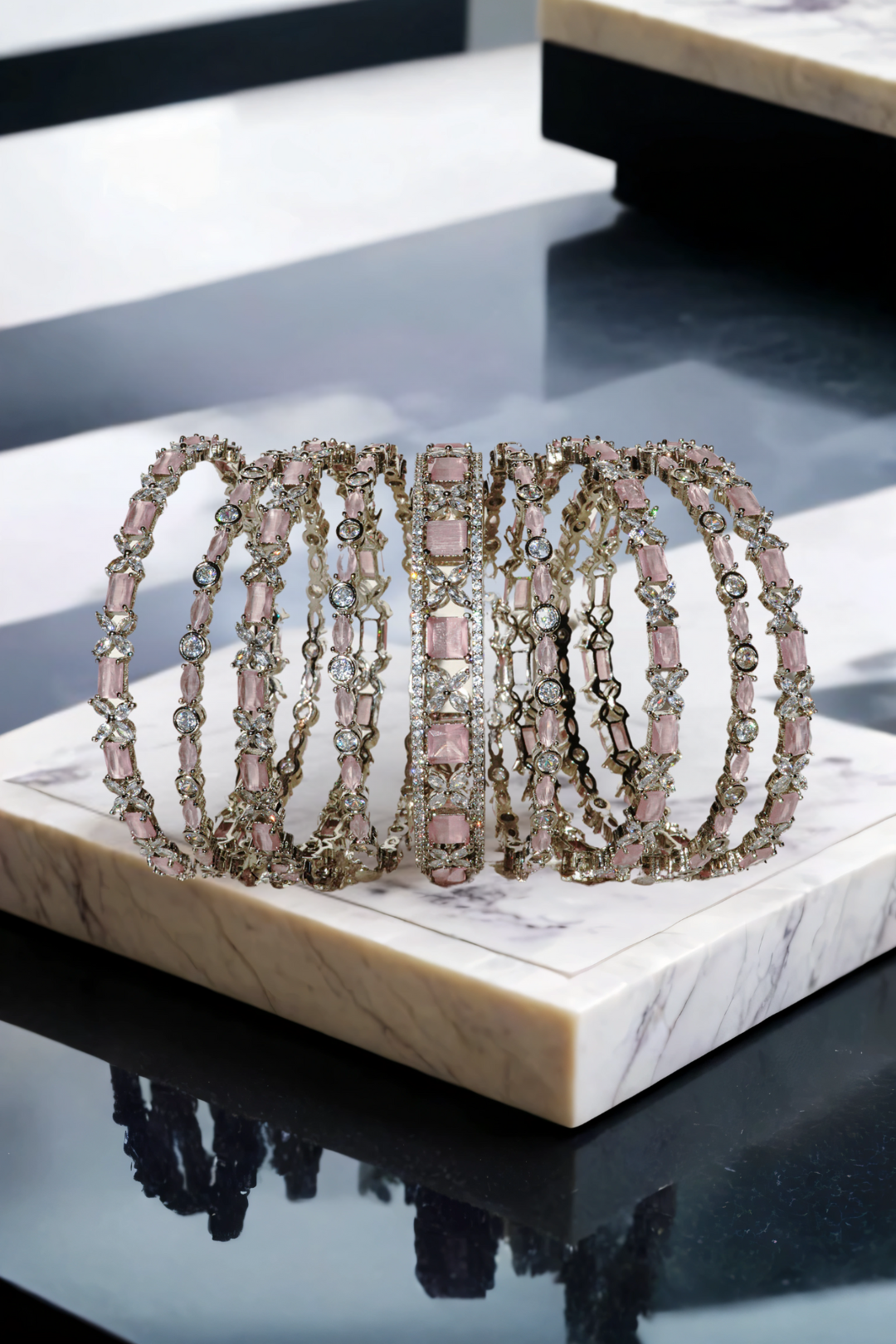 Zahira Rhodium-Plated Bangle Set - 9-piece set with blush pink stones and crystal accents