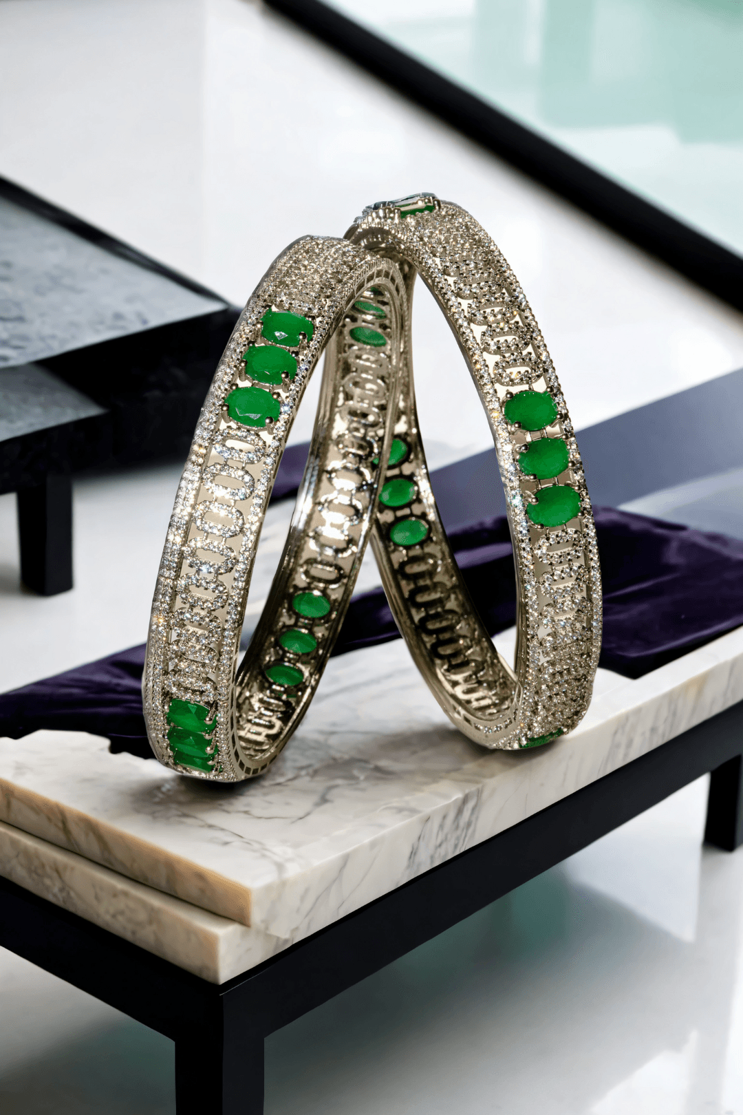 Zaria rhodium-plated emerald bangle set – 6-piece set with three statement bangles and three delicate filler bangles, designed for elegance.