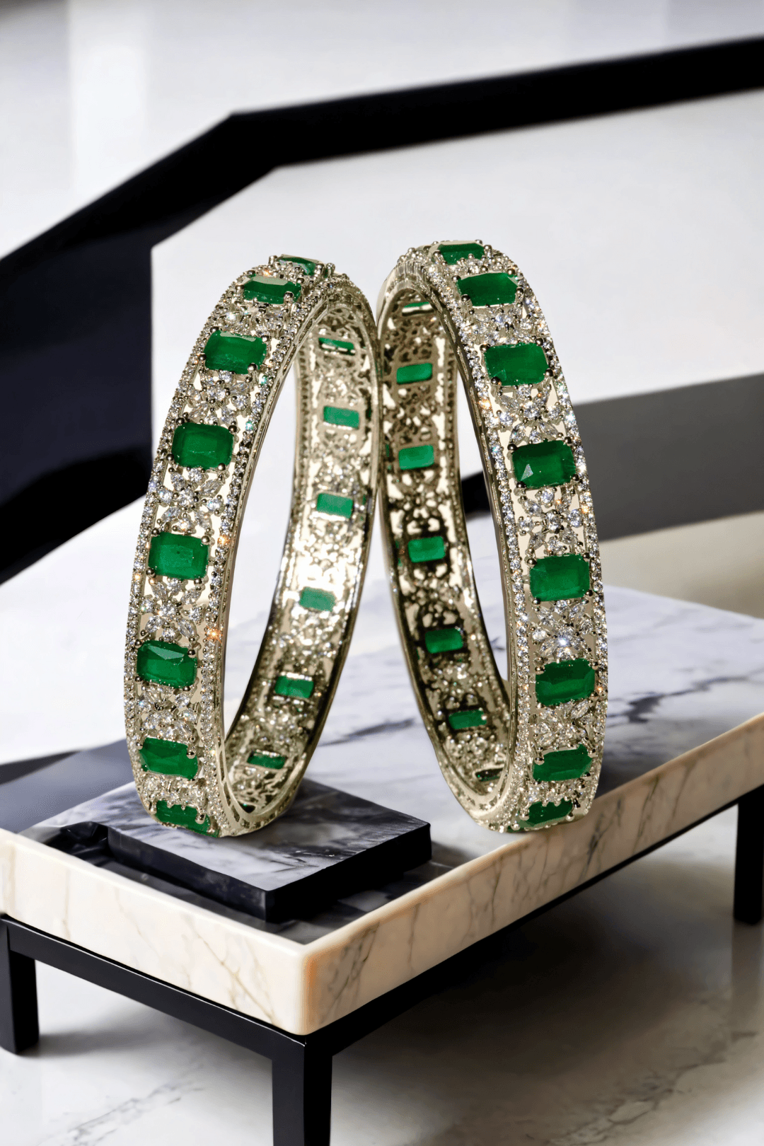 Zaria rhodium-plated emerald bangle set – 6-piece set with three statement bangles and three delicate filler bangles, designed for elegance.