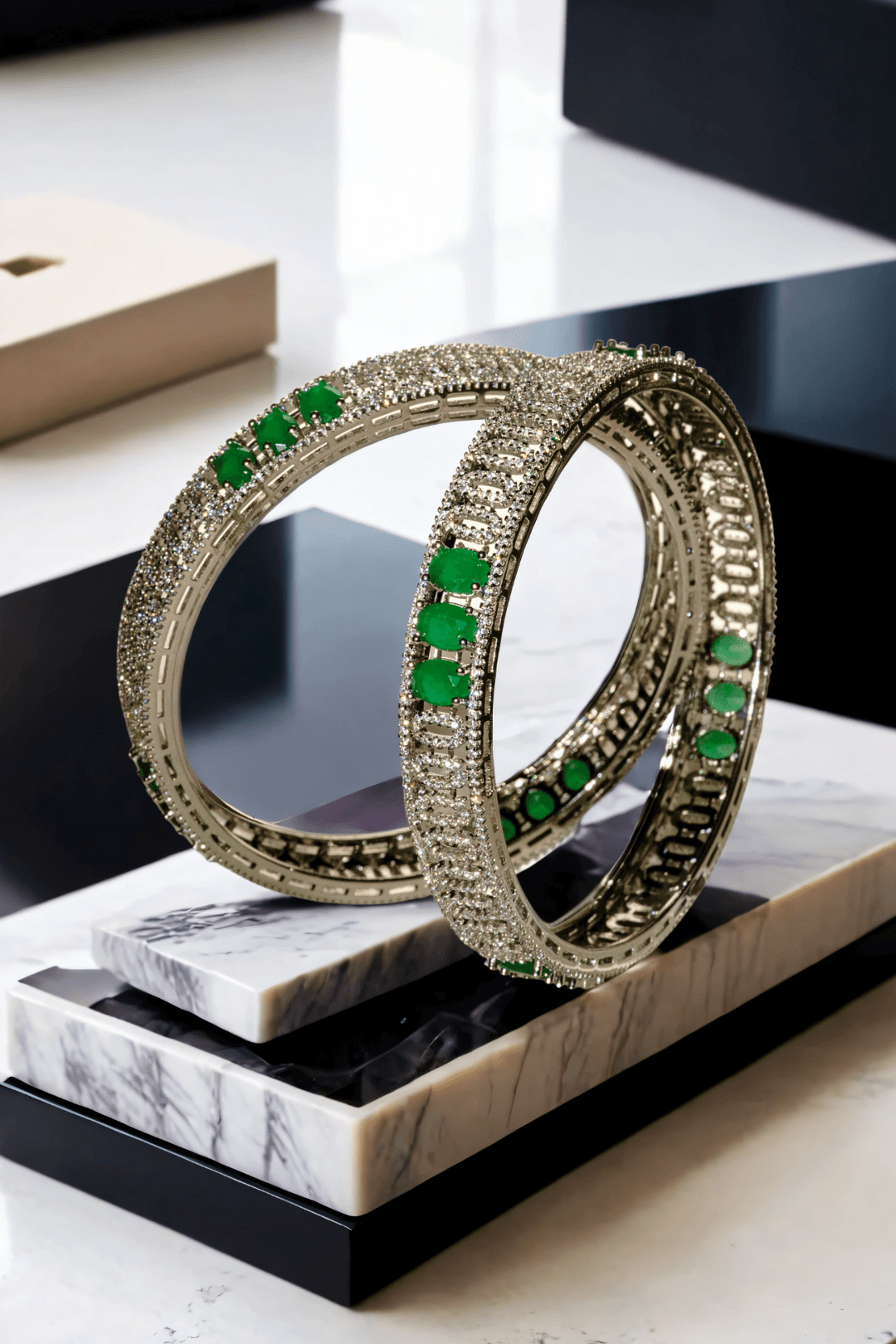 Zaria rhodium-plated emerald bangle set – 6-piece set with three statement bangles and three delicate filler bangles, designed for elegance.