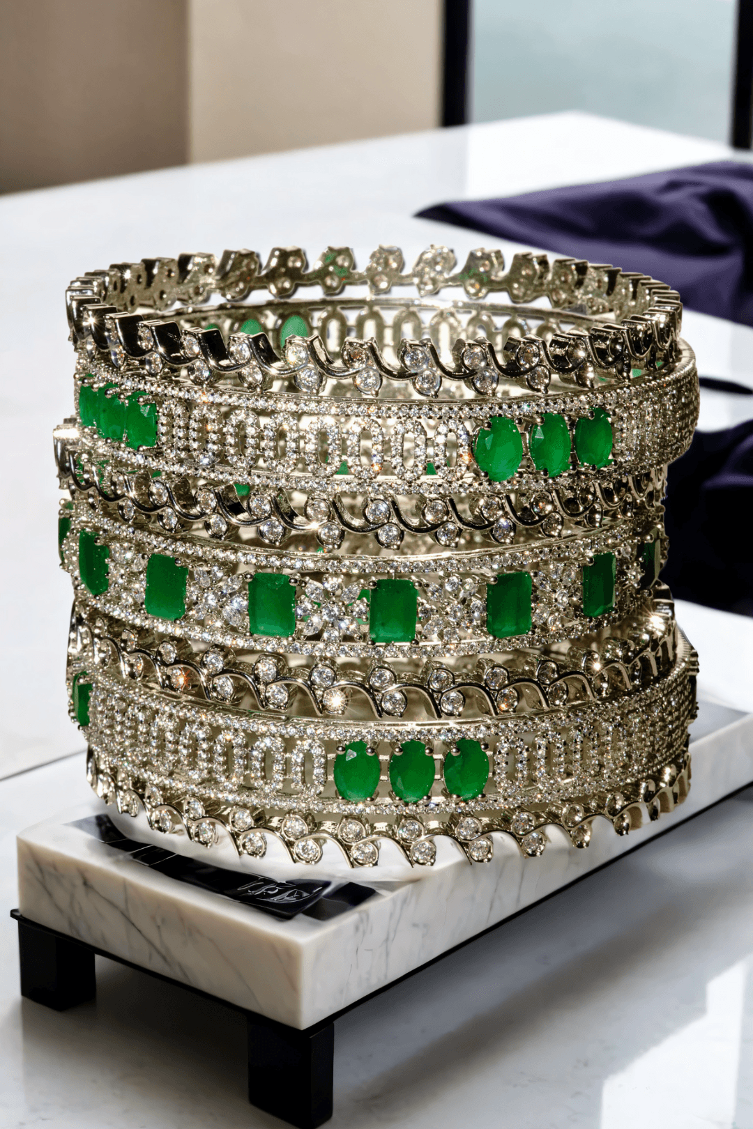 Zaria rhodium-plated emerald bangle set – 6-piece set with three statement bangles and three delicate filler bangles, designed for elegance.