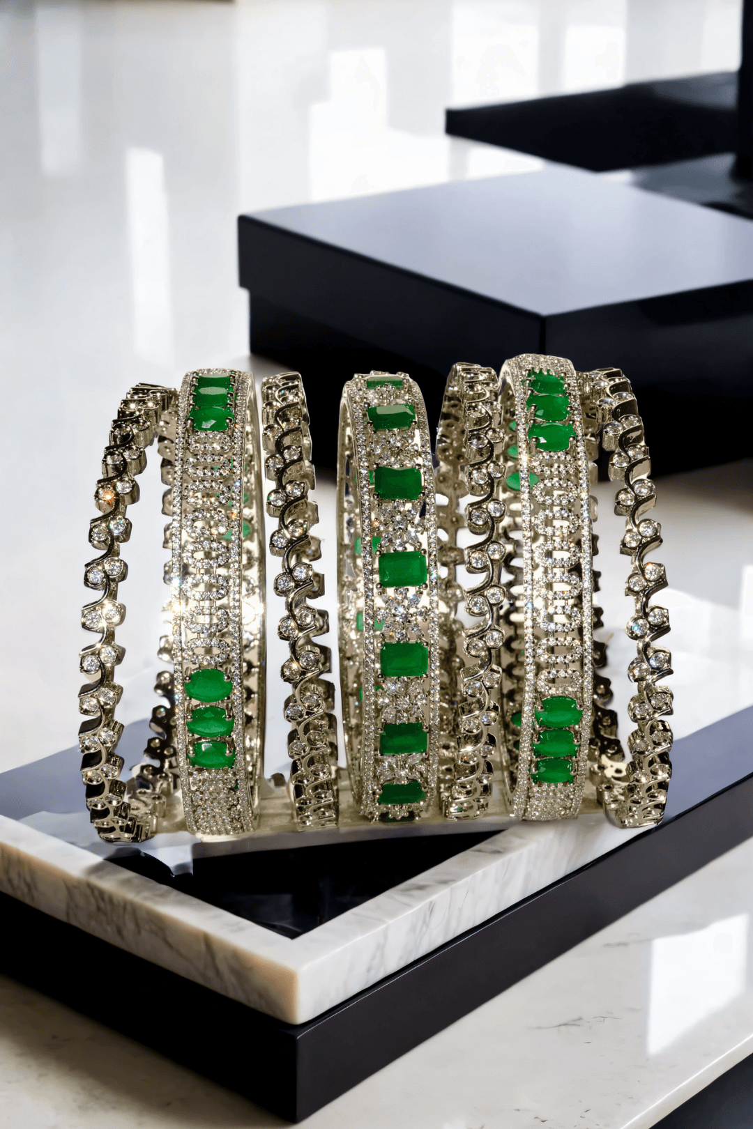 Zaria rhodium-plated emerald bangle set – 6-piece set with three statement bangles and three delicate filler bangles, designed for elegance.