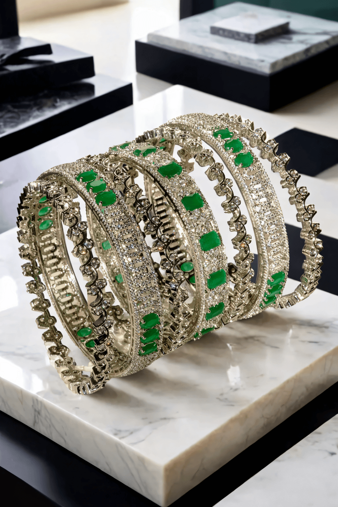 Zaria rhodium-plated emerald bangle set – 6-piece set with three statement bangles and three delicate filler bangles, designed for elegance.