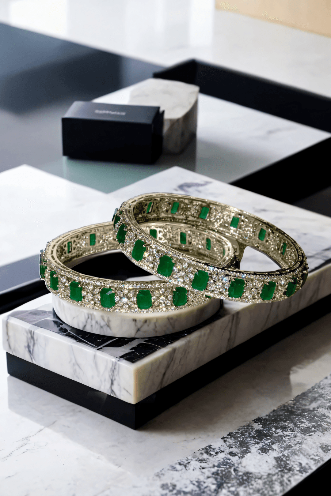 Zaria rhodium-plated emerald bangle set – 6-piece set with three statement bangles and three delicate filler bangles, designed for elegance.