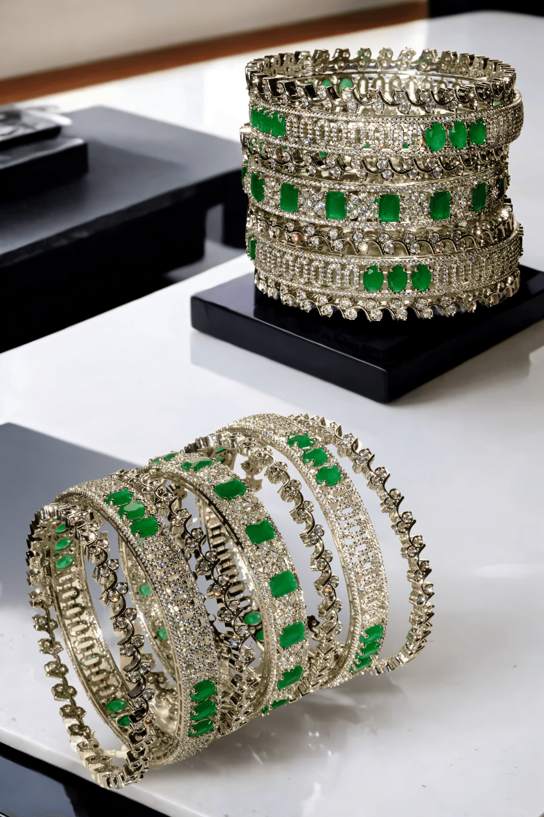 Zaria rhodium-plated emerald bangle set – 6-piece set with three statement bangles and three delicate filler bangles, designed for elegance.