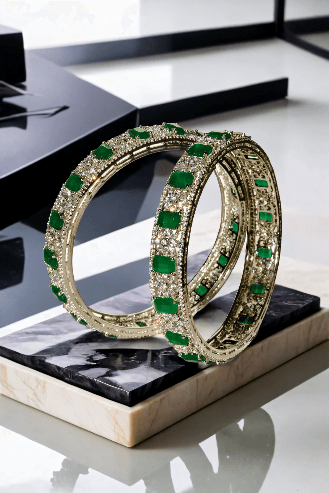 Zaria rhodium-plated emerald bangle set – 6-piece set with three statement bangles and three delicate filler bangles, designed for elegance.