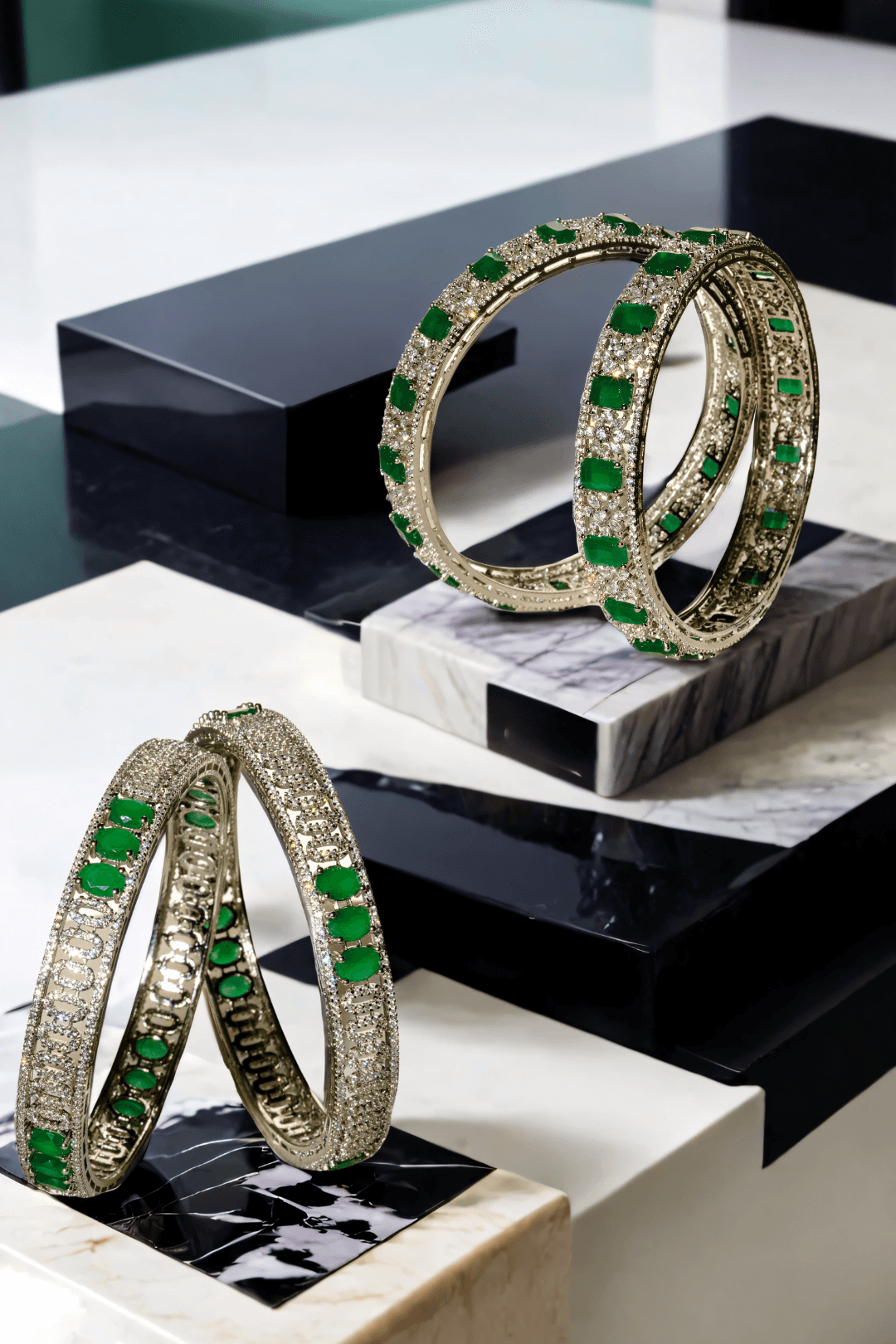 Zaria rhodium-plated emerald bangle set – 6-piece set with three statement bangles and three delicate filler bangles, designed for elegance.