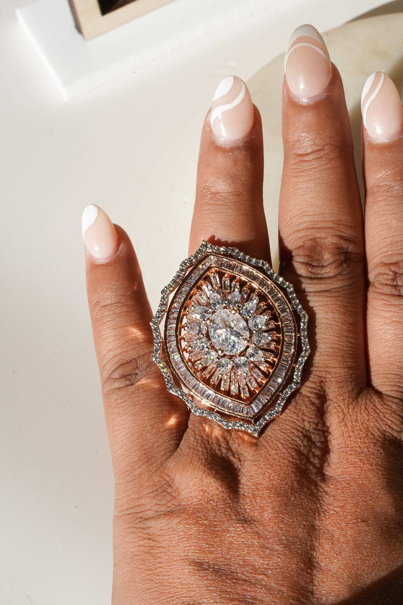 Aishi Rose Gold-Plated Marquise Oval Cocktail Ring with Diamante Accents - Indian Jewelry