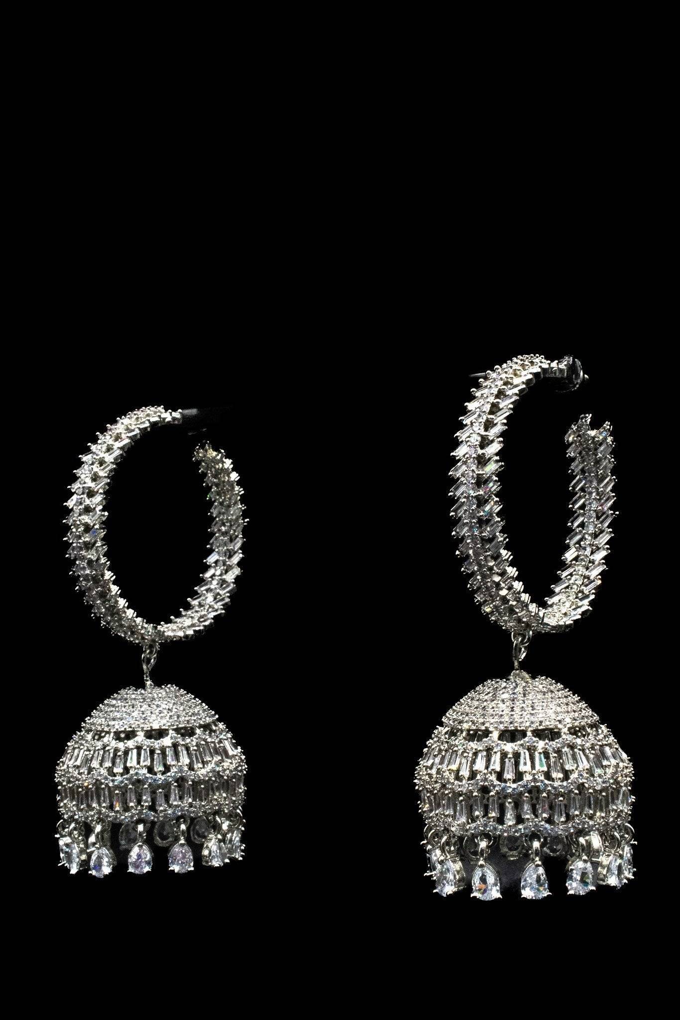 Elham - Silver Hoop Style Dangling AD Jhumka Earrings Hoop Earrings from Inaury