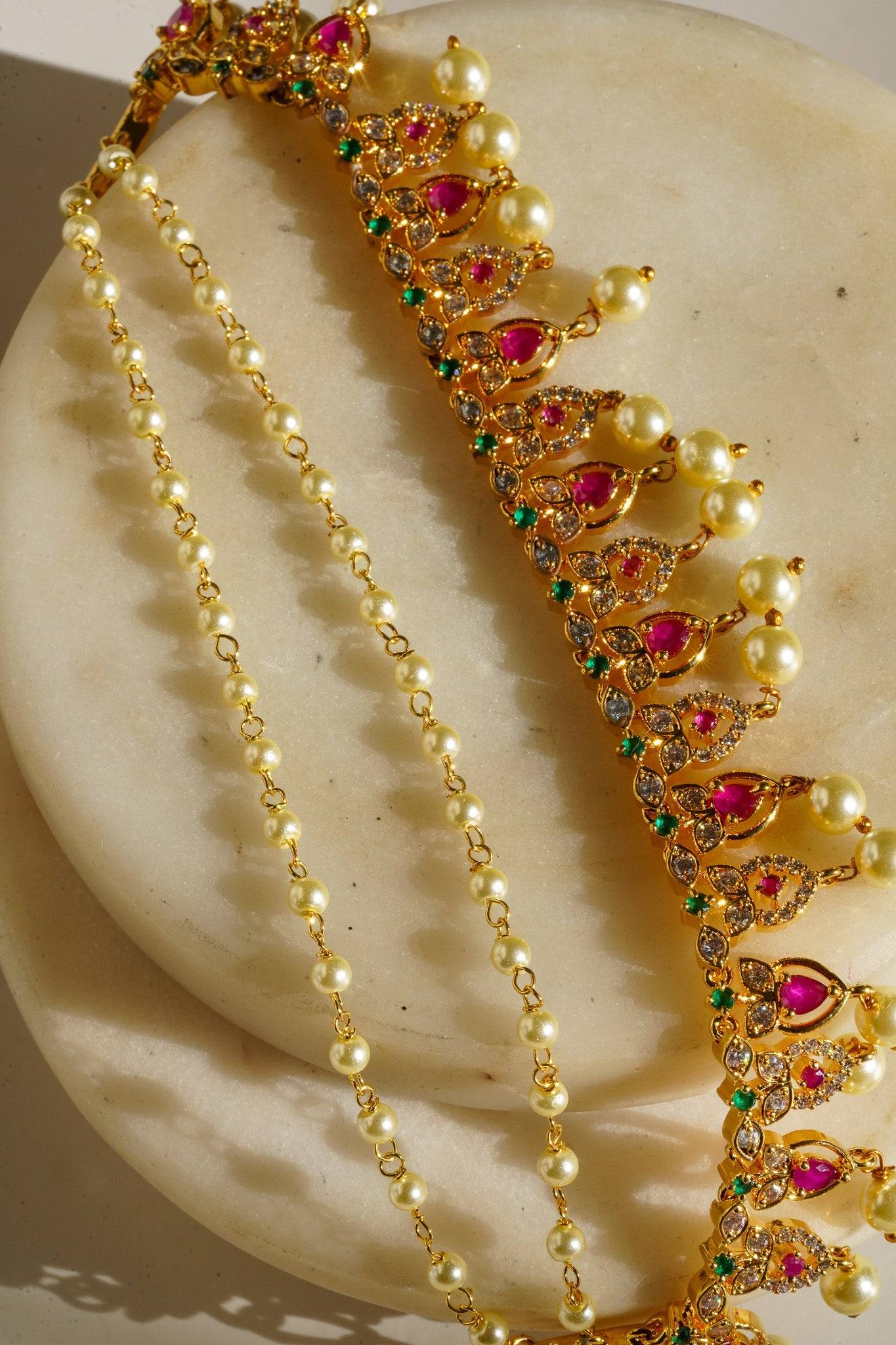 Mihika Diamanté Accent AD Ear Chains - Gold-plated with white or multicolor AD stones and pearls, featuring a convenient hook for easy placement.